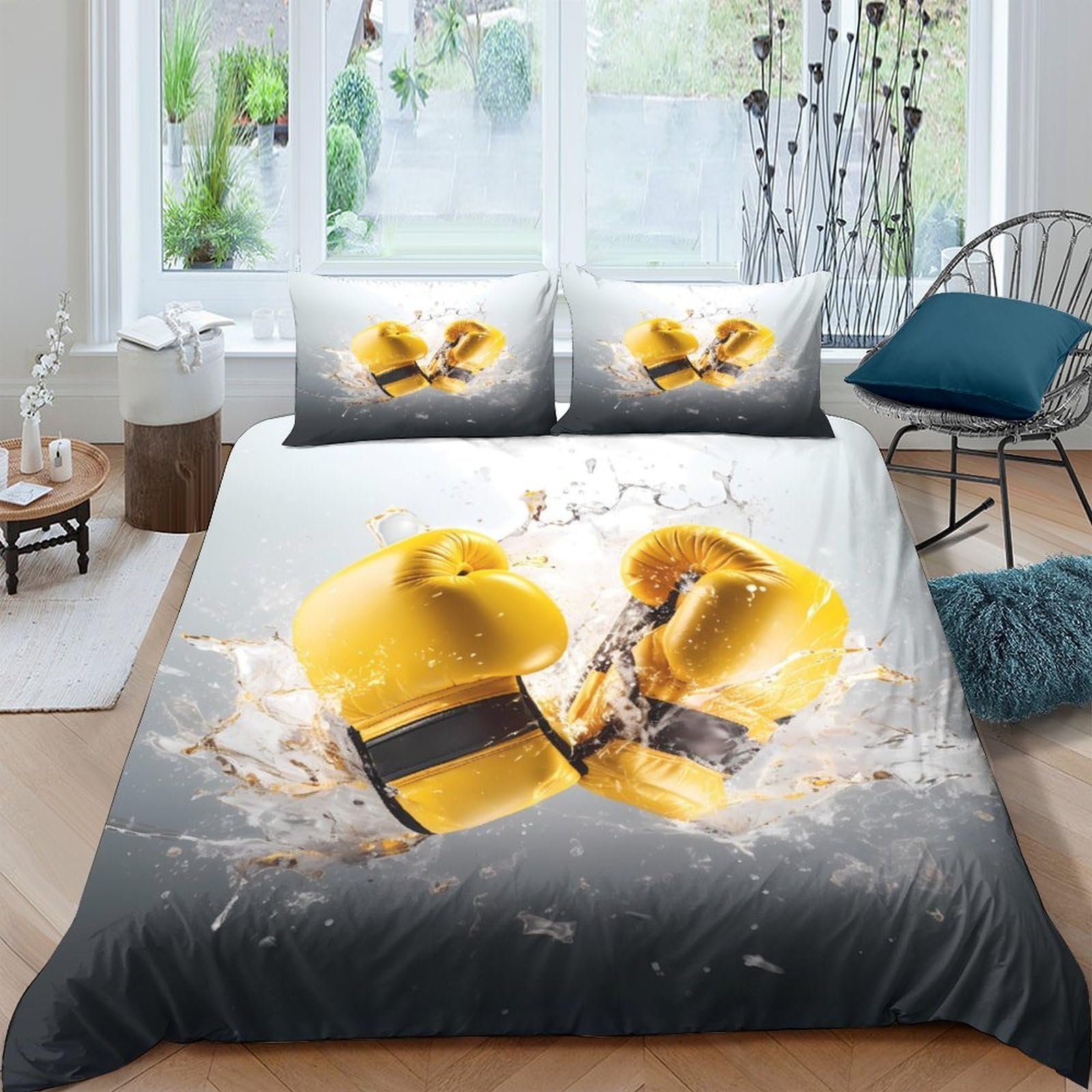 Ctjqhvkz Style-4 3D Printed Yellow Boxing Gloves Fitted Sheet Microfiber Soft Decorative Splash Bed Cover For Bedroom Guest Room Single（135X200cm）