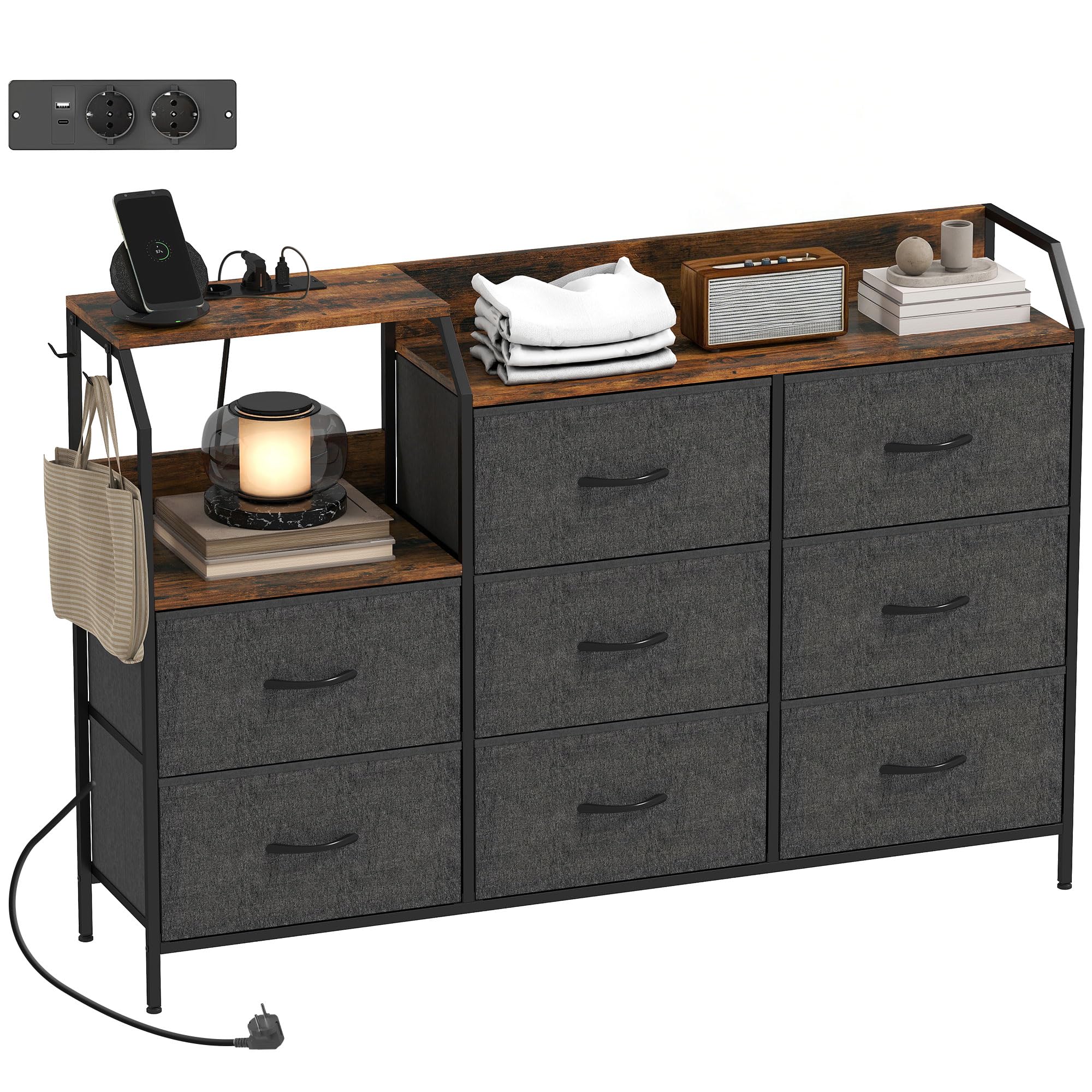 HOMCOM Commode avec Station de Recharge, 8 tiroirs en Tissu Pliables, Commode Chambre, Meuble de Rangement, étagère Ouverte et Crochets, Cadre en Acier, pour Chambre, Salon, Couloir, Marron Rustique | Meuble de Rangement, Étagère Ouverte, Crochets, Cadre