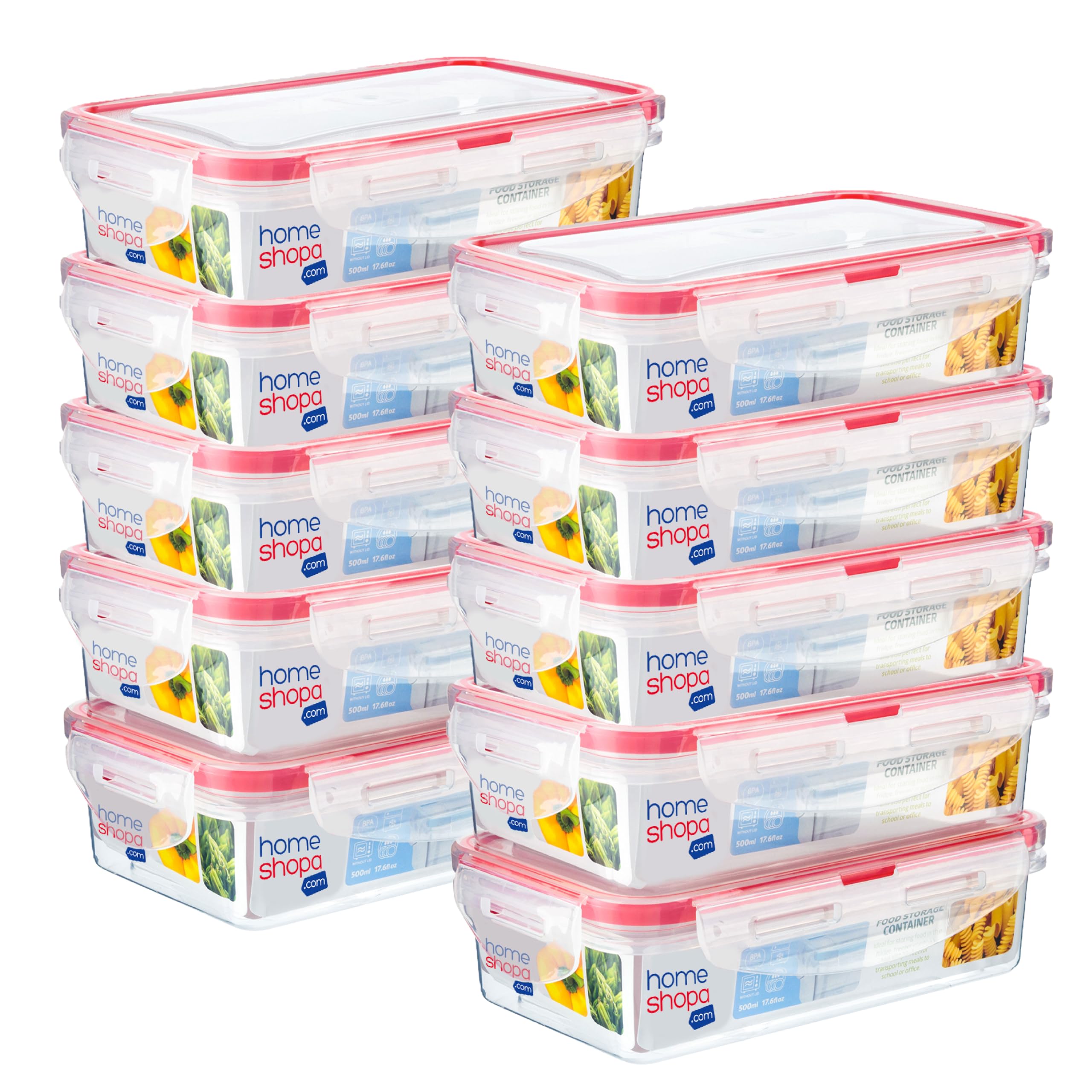 Homeshopa.com 10 Pack Homeshopa Plastic Airtight Food Storage Containers, 500Ml Bpa Free Leakproof Stackable Reusable Lunch Boxes, Meal Prep Container For Kitchen & Pantry, Microwave Freezer Dishwasher Safe