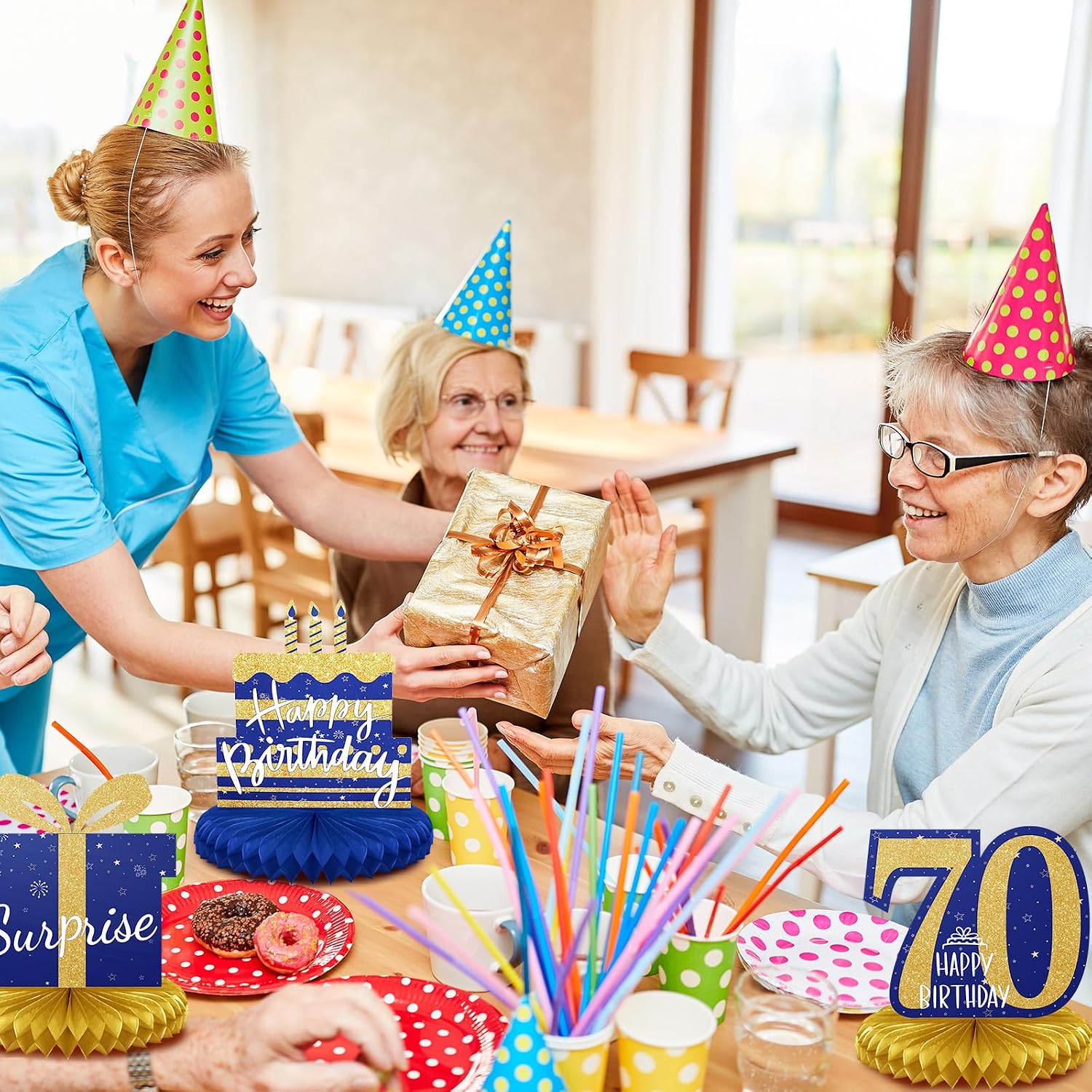 Spakon 8 Pieces Blue Gold 70th Birthday Table Decorations 70th Birthday Honeycomb Centerpieces Glitter Table Toppers Blue and Gold Party Decorations for Men and Women Party Supplies