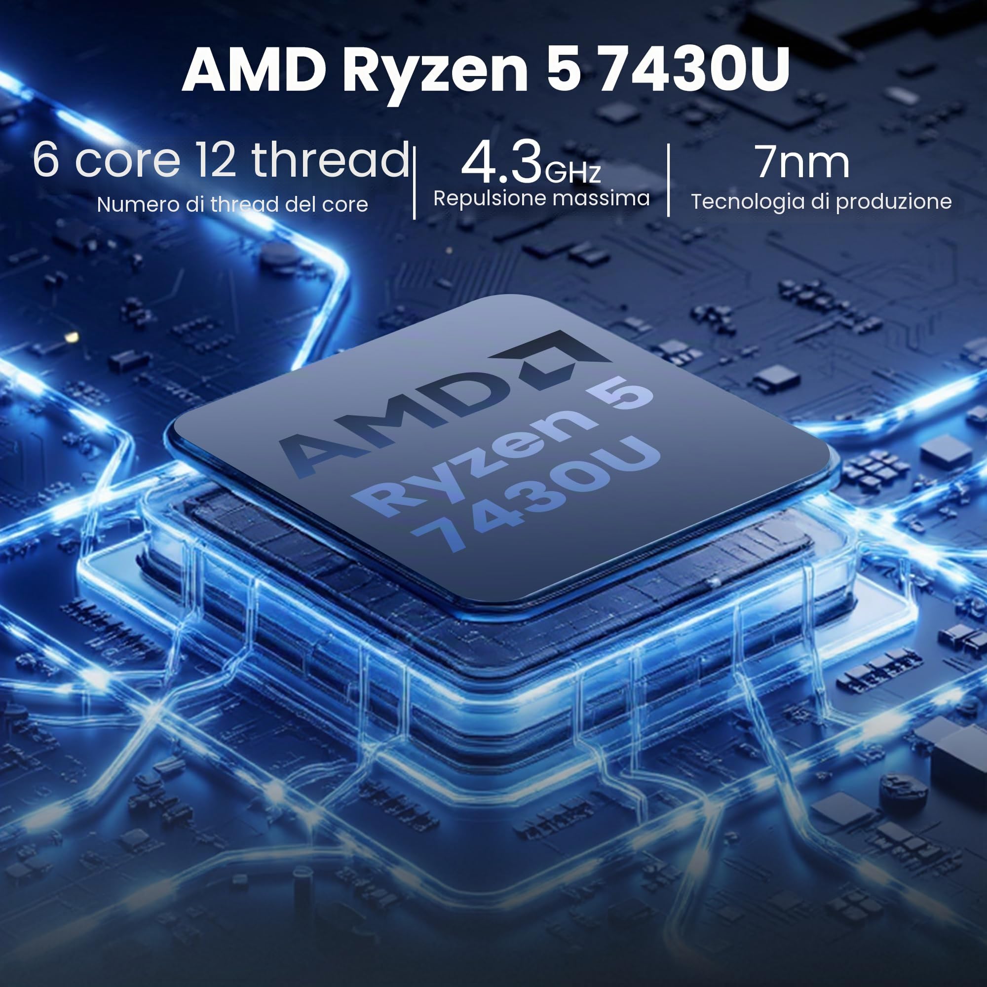 Mini PC, Ryzen 5 7430U (6C/12T 4,3 GHz) 8 GB DDR4 256 GB SSD, Windows 11 Pro/WiFi 6/BT-5.2/USB*4/Type-C (4K @ 60Hz~8K @ 30Hz)/HDMI*2 (4K @ 60Hz) 3 uscite video