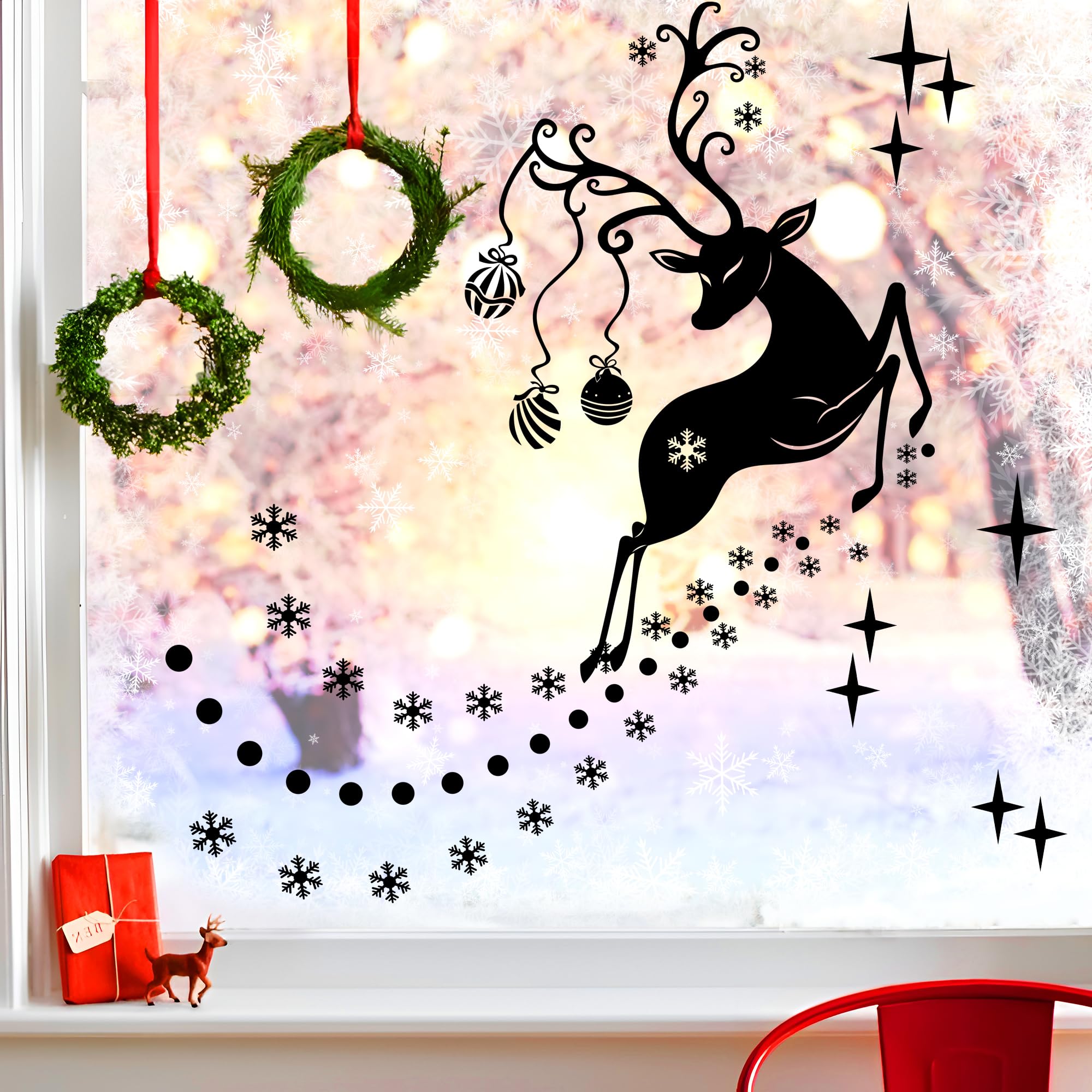 Durable Vinyl Christmas Window Stickers, Double Sided Santa Reindeer Snowflake Decorations, Removable Rudolf Xmas Decals Home, Wall, Office, Shop, Holiday Party Décor, for 1-1.2M Window, Black