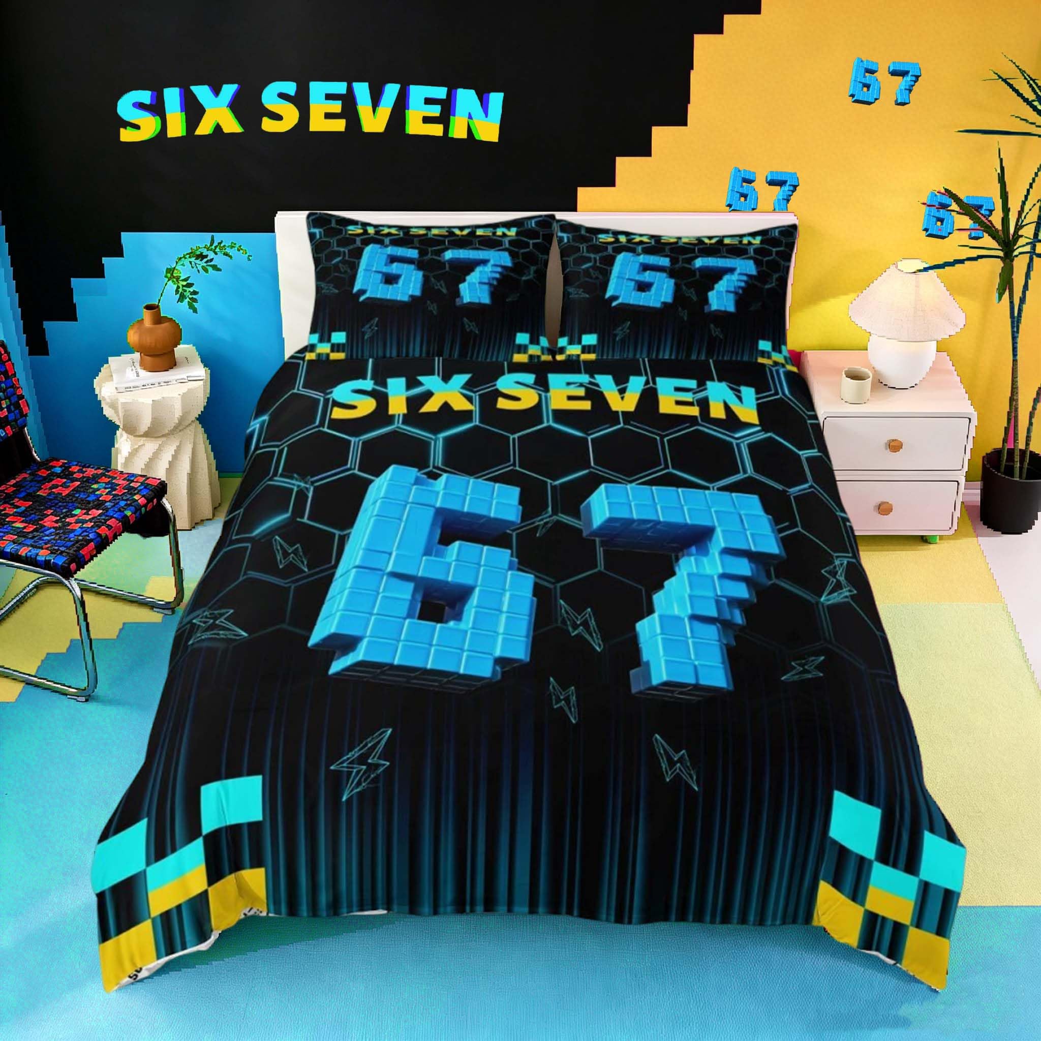 Loussiesd 3D Pixel 6-7 Duvet Cover Set Cot Size for Kids Boys Girls Blue Honeycomb Six-Seven Bedding Set Geometric Hexagonal Duvet Cover with 1 Pillowcase Meme 67 Bedding โ image 1