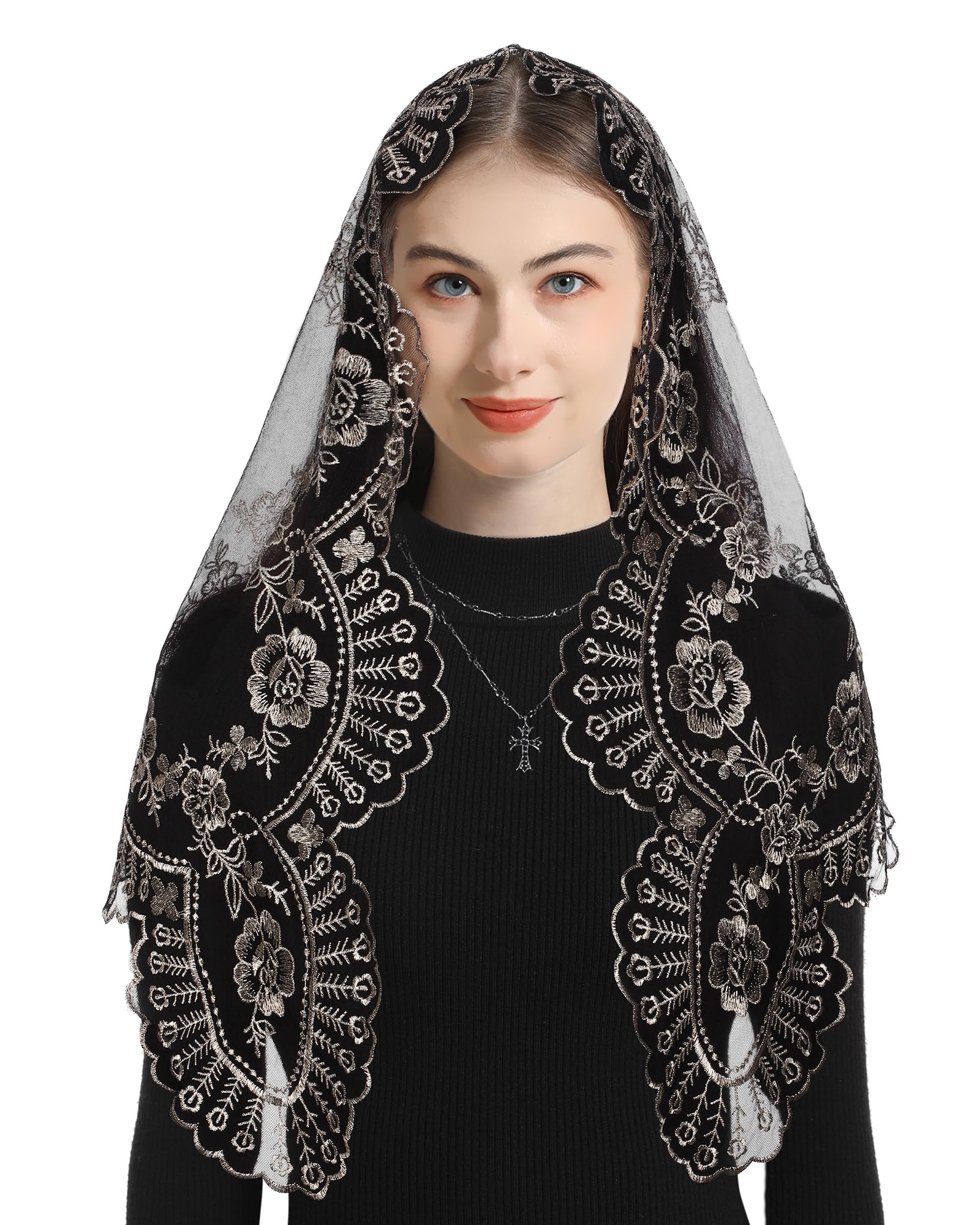 Bozidol Catholic Mantilla Veil - Triangular Church Veil With Cross Chalice Embroidery