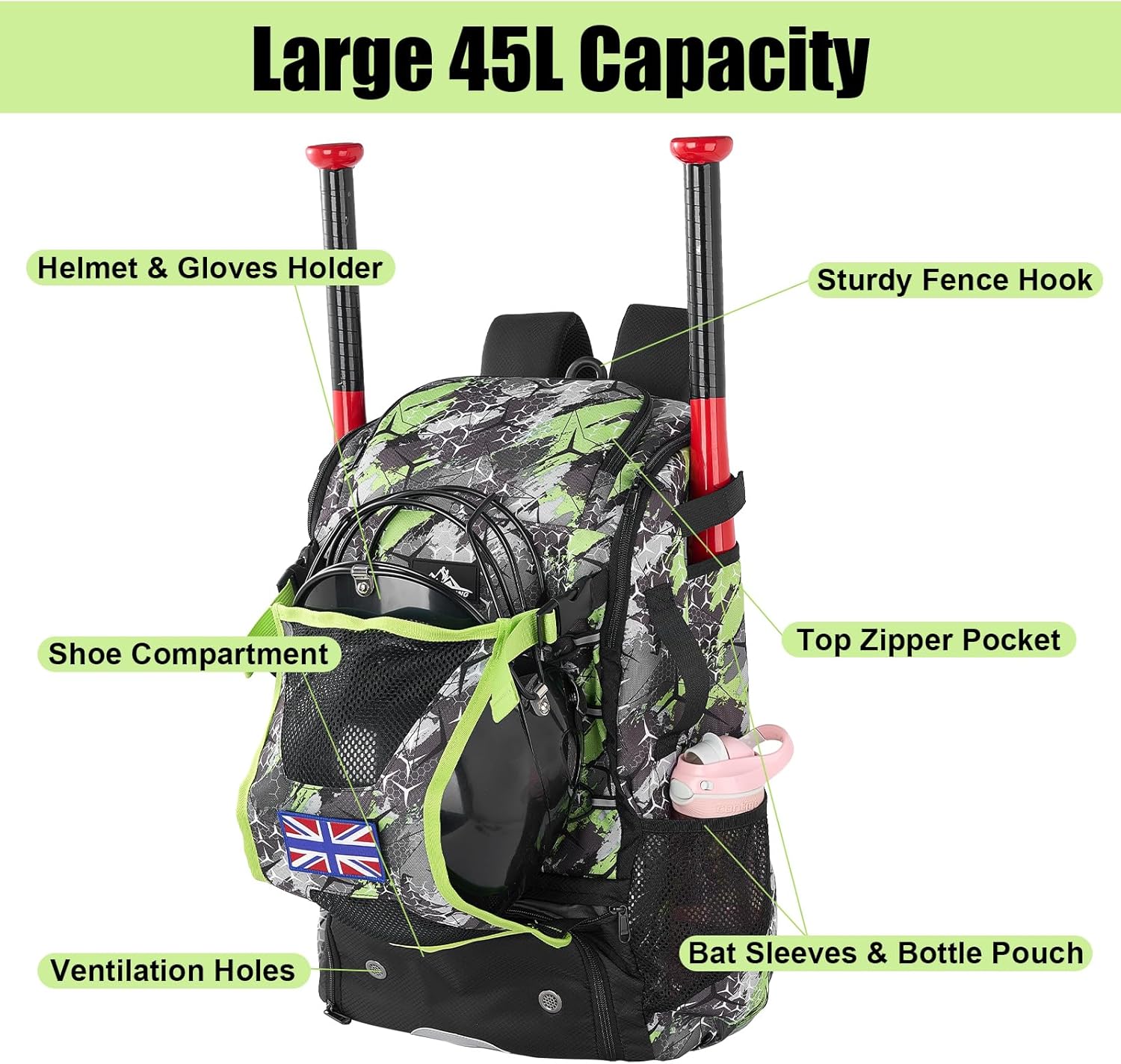 45L Youth Baseball Bat Bag, Softball Bag, Baseball Equipment Backpack Bag with Shoe Compartment - Image 3