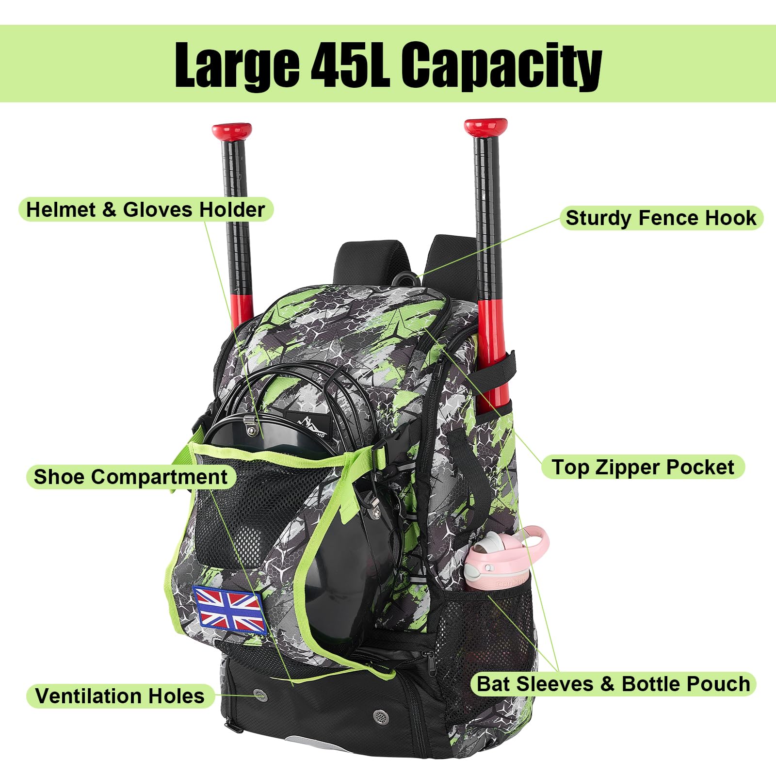 POWER KING 45L Youth Baseball Bat Bag, Large Capacity Backpack for Baseball, T-Ball & Softball Equipment & Gear with Shoe Compartment | Fence Hook | Helmet Holder