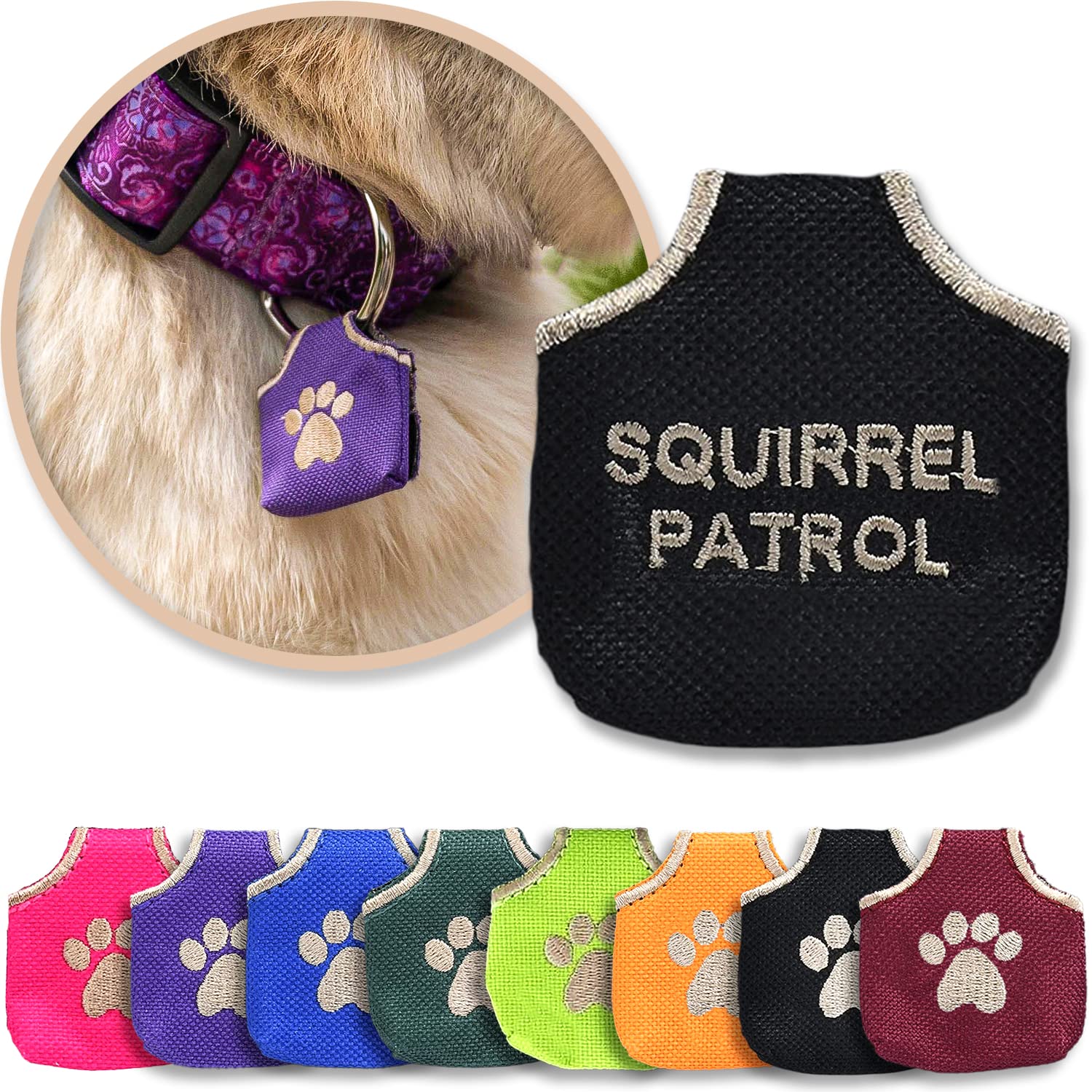Dog Tag Silencer, Black Squirrel Patrol - Quiet Noisy Pet Tags - Fits Up To Four Pet IDs - Dog Tag Cover Protects Metal Pet IDs, Made of Durable Nylon, Universal Fit, Machine Washable