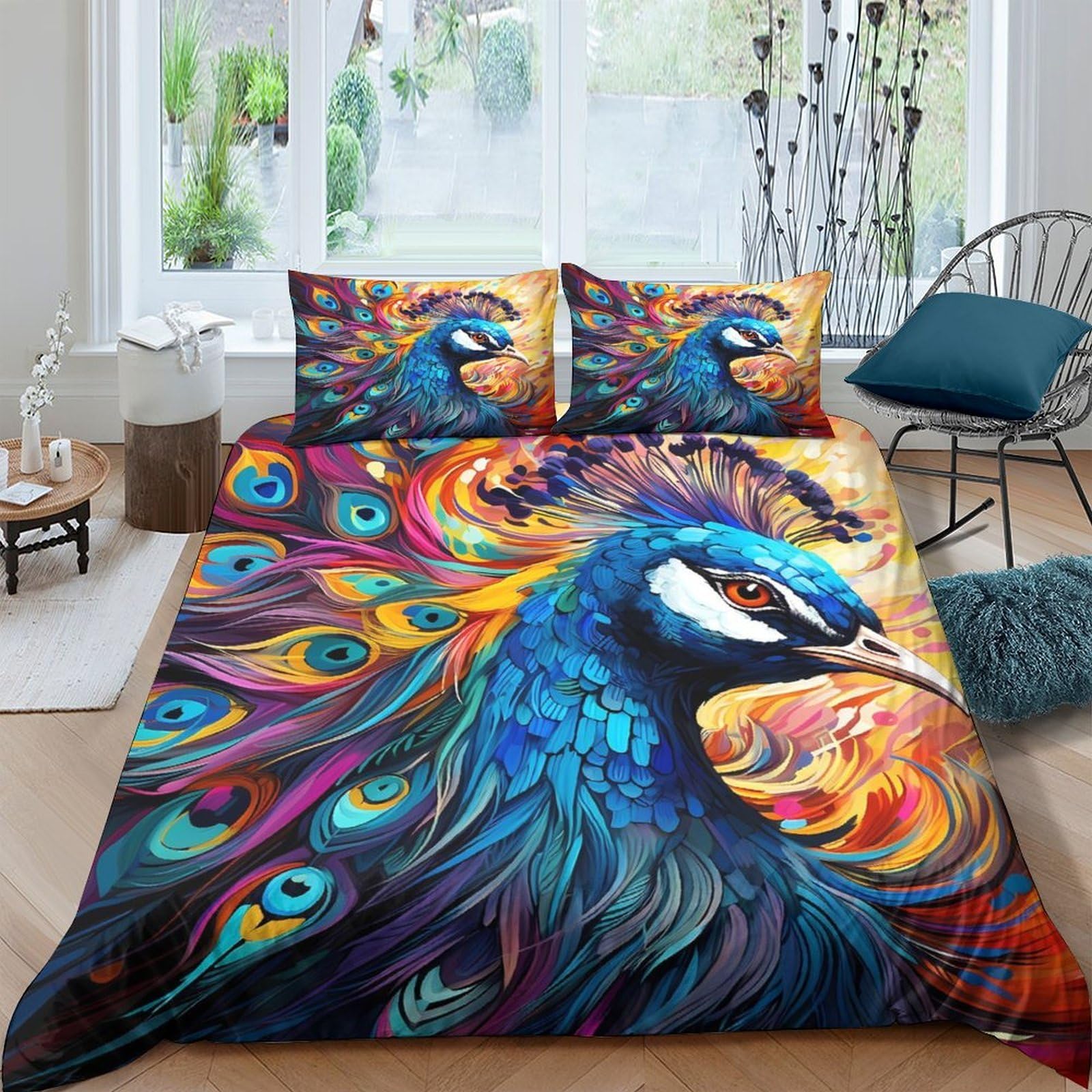 Ctjqhvkz Style-6 3D Printed Colorful Peacock Fitted Sheet Microfiber Soft Artistic Feather Bed Cover For Bedroom Guest Room Mattress Protector Single（135X200cm）