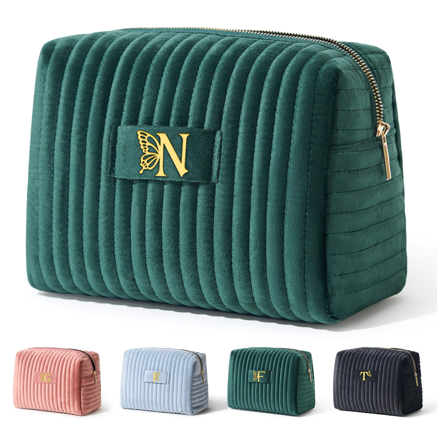 COSHAYSOO Travel Makeup Bag Quilted Make Up Pouch Initial Cosmetic Case with Butterfly Decorations for Women Birthday Easter Mothers Christmas Valentines Graduation Appreciation Gifts Green Letter N