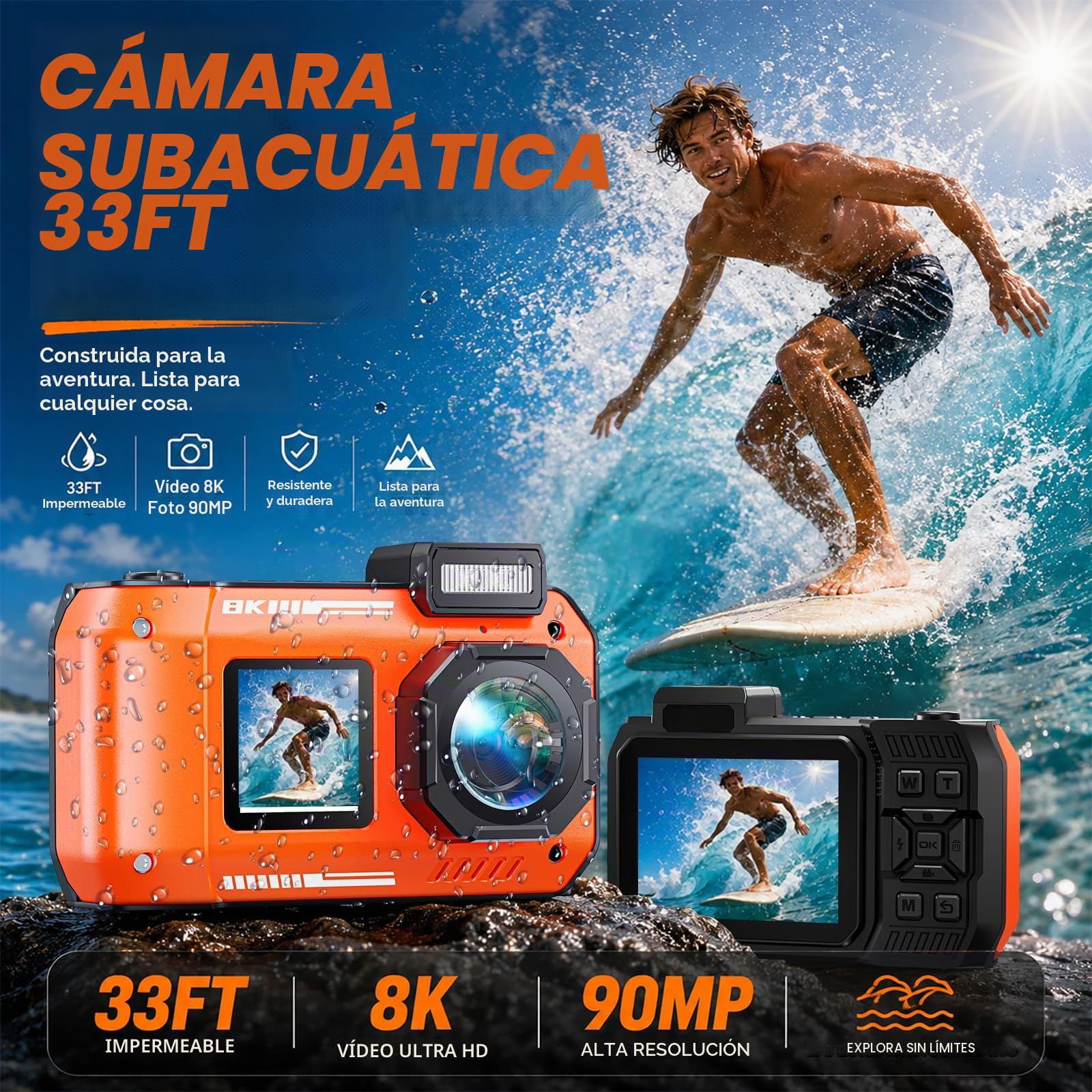 MaxMango D50 33FT Cámara Digital Impermeable, 8K 70MP Cámara Acuática con 16 GB, Cámara de Fotos con 2.88" Doble Pantalla 18x, Resistente al Polvo y a los Golpes, Autofocus - Naranja
