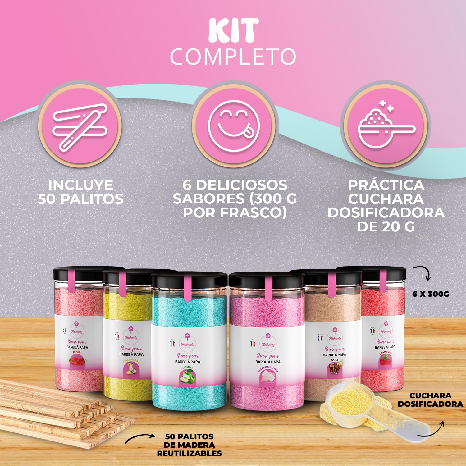 Misskandy,azucar para algodon de azucar/para máquina 1,8 kg (6 * 300g)/sabores: fresa, manzana, malvavisco, cola, frambuesa, piña colada, + 50 palos (30 cm) (ofrecido)