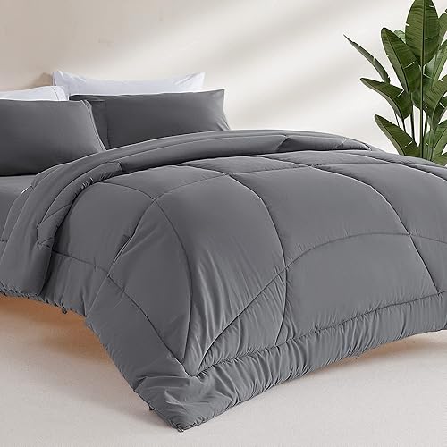 SLEEP ZONE Queen Size Bedding Comforter - All Season Down Alternative Quilted Comforter with 8 Corner Tabs Machine Washable (Queen, Grey)