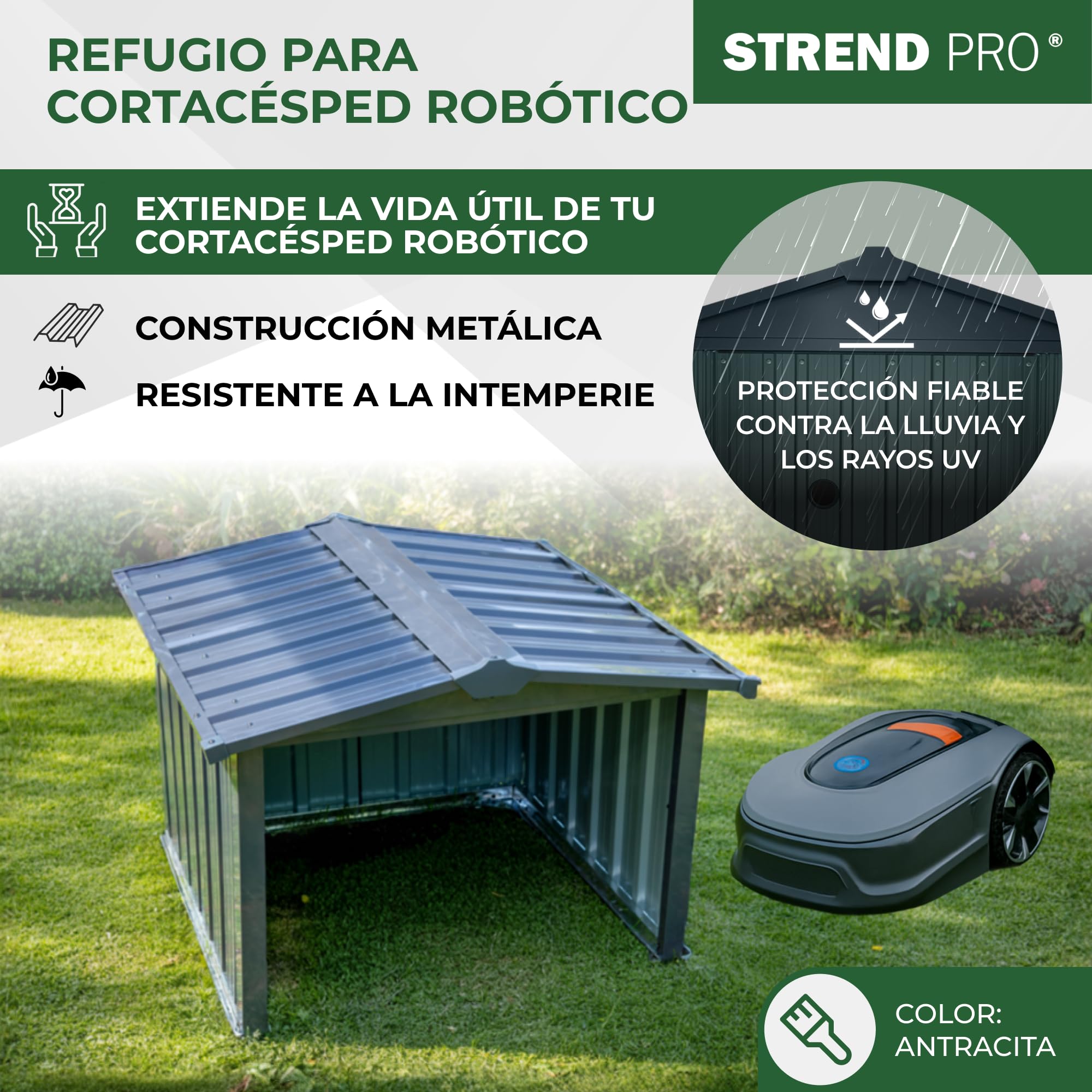 STREND PRO Garaje para Robot Cortacésped De Metal Antracita 86x88x60 cm | Resistente A La Intemperie | Anti-UV | Cobertizo | Carport | Techo Protector | Cubierta para Robot Cortacésped