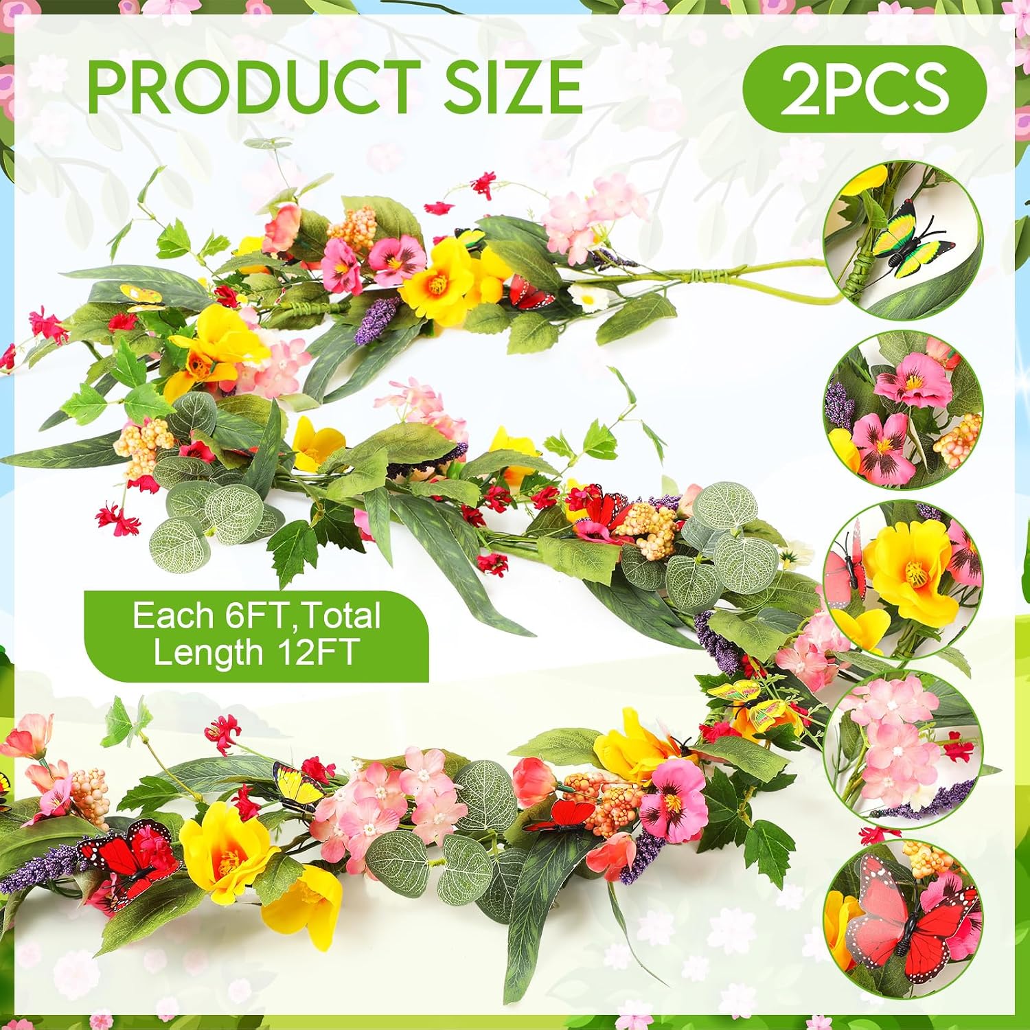 XunYee 2 Pcs 6 ft Artificial Wildflower Garland Faux Phalaenopsis Hydrangea Daisy Floral Vine Summer Spring Fake Flower for Table Centerpiece Mantel Wedding Baby Shower Decor