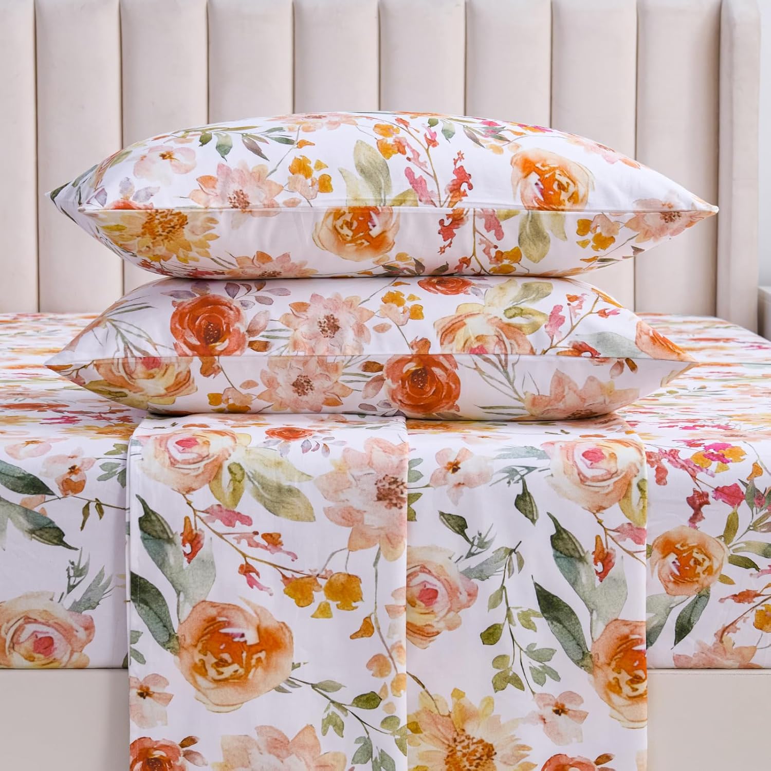 YIYEA 100% Cotton Sheets Full Size, Ultra Soft Cozy Floral Bed Sheets Set for All Season, Sateen Weave, 16" Deep Pocket, 4PC, Full