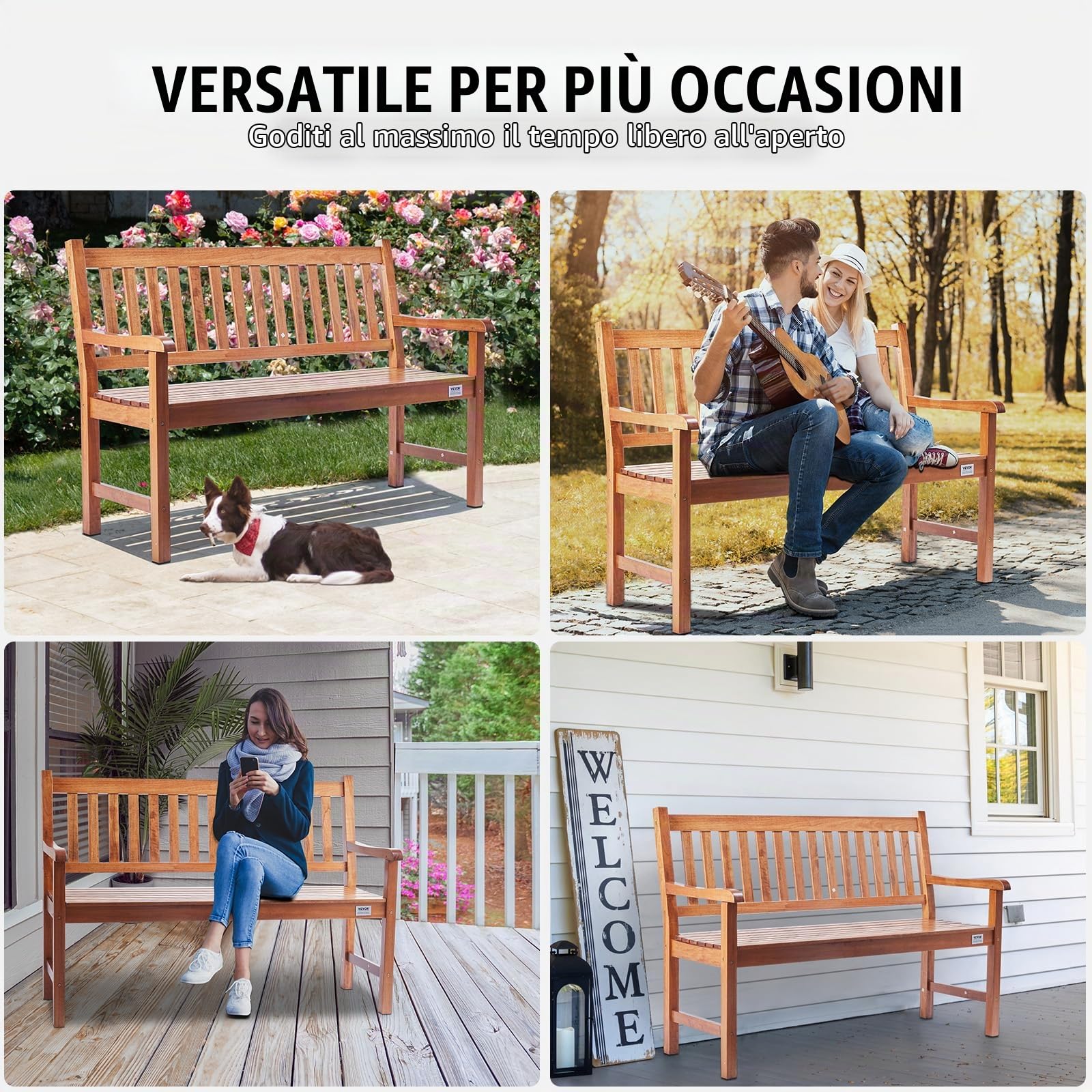 VEVOR Panchina da Esterno, Panca da Giardino in Legno da 127 cm Esterni, Panchina con Capacità di Carico 363 kg con Schienale Braccioli, Panca da Patio per Giardino, Parco, Cortile, Portico Anteriore