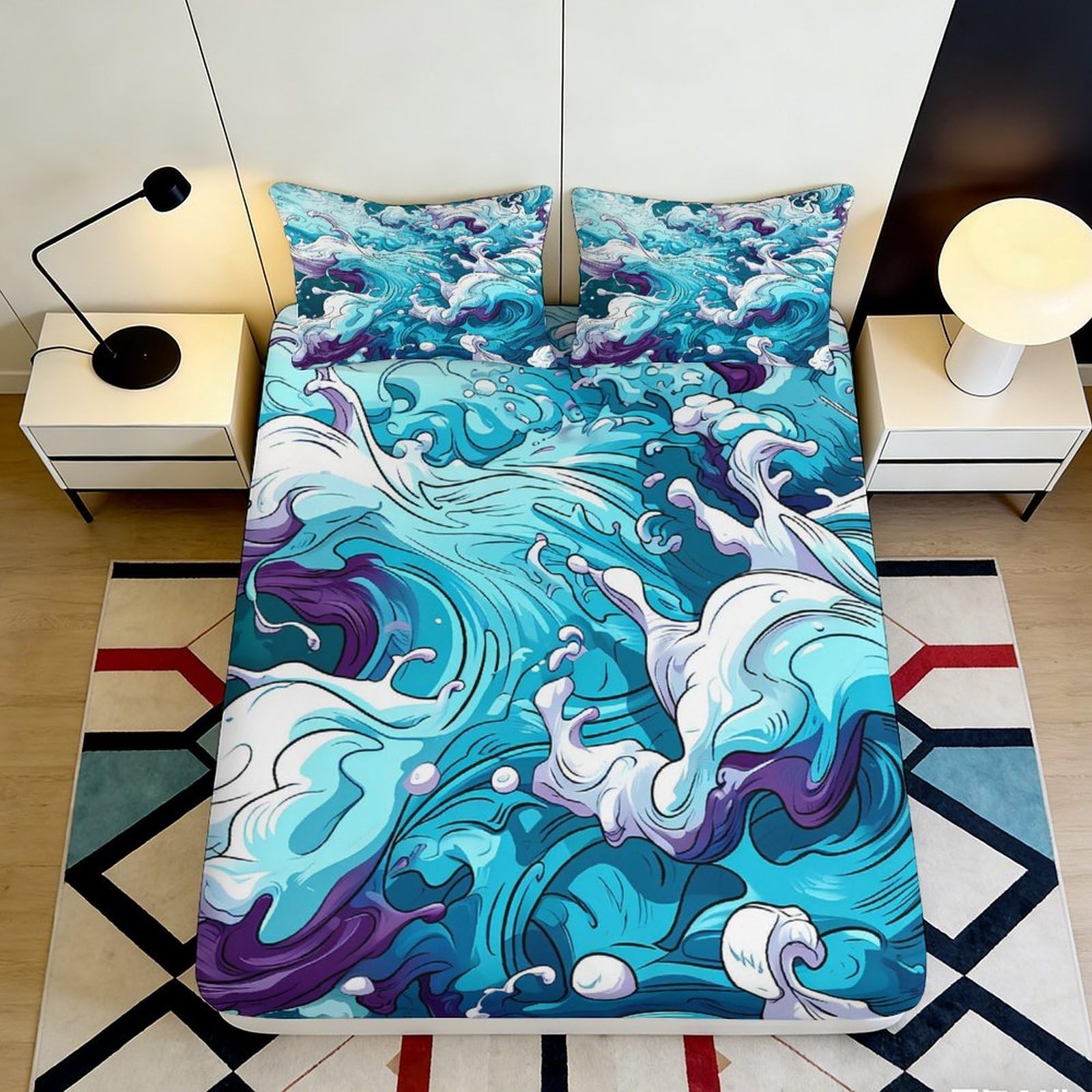 3D Printed Ocean Wave Fitted Sheet Microfiber Blue Abstract Water Mattress Cover for Bedroom Guest Room Decor 200x200x25cm