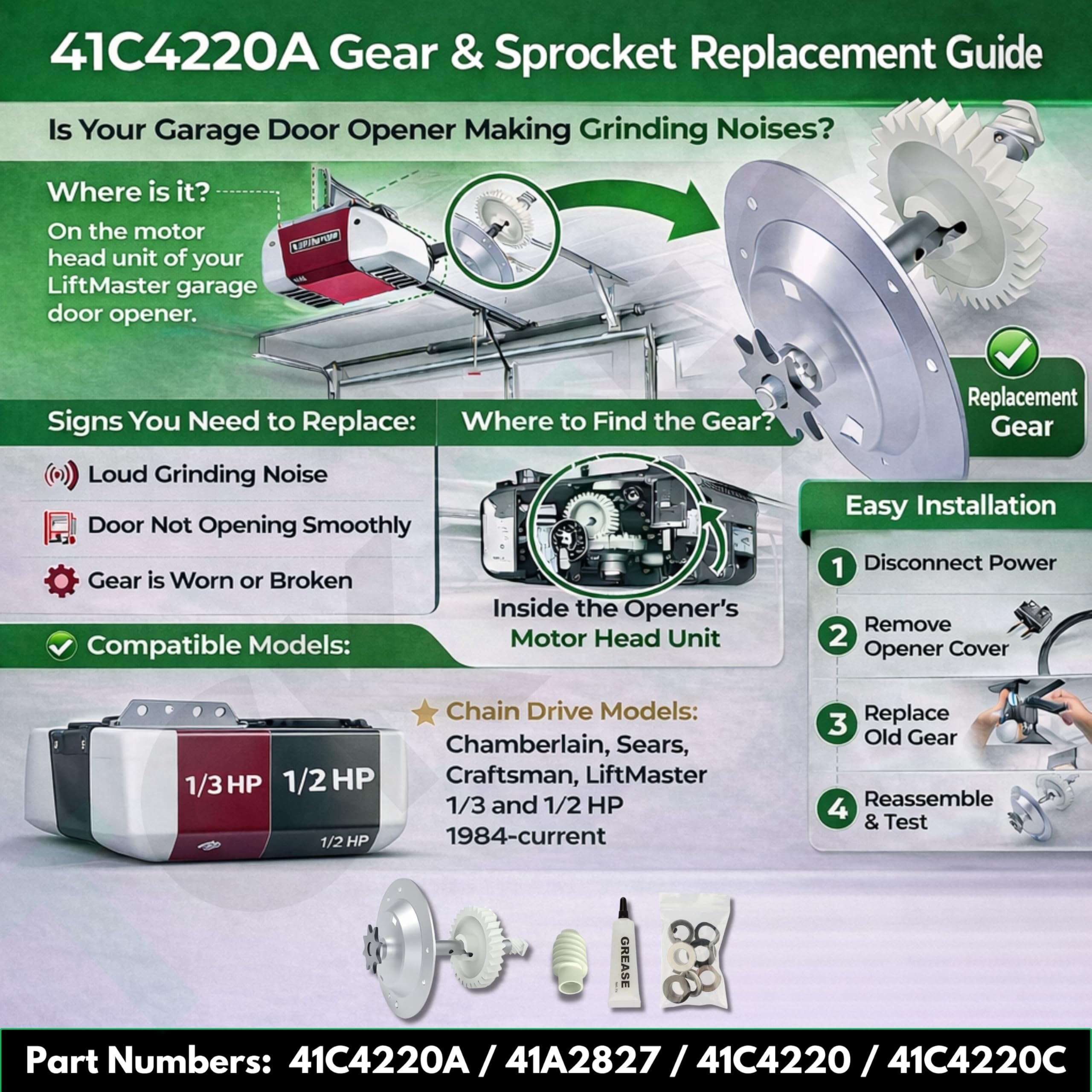 De Remplacement Pour Liftmaster 41 C4220 a Gear et pignon kit Compatible avec Chamberlain, Sears, d'artisanat 1/3 et 1/2 HP Chaîne modèles de lecteurs 1