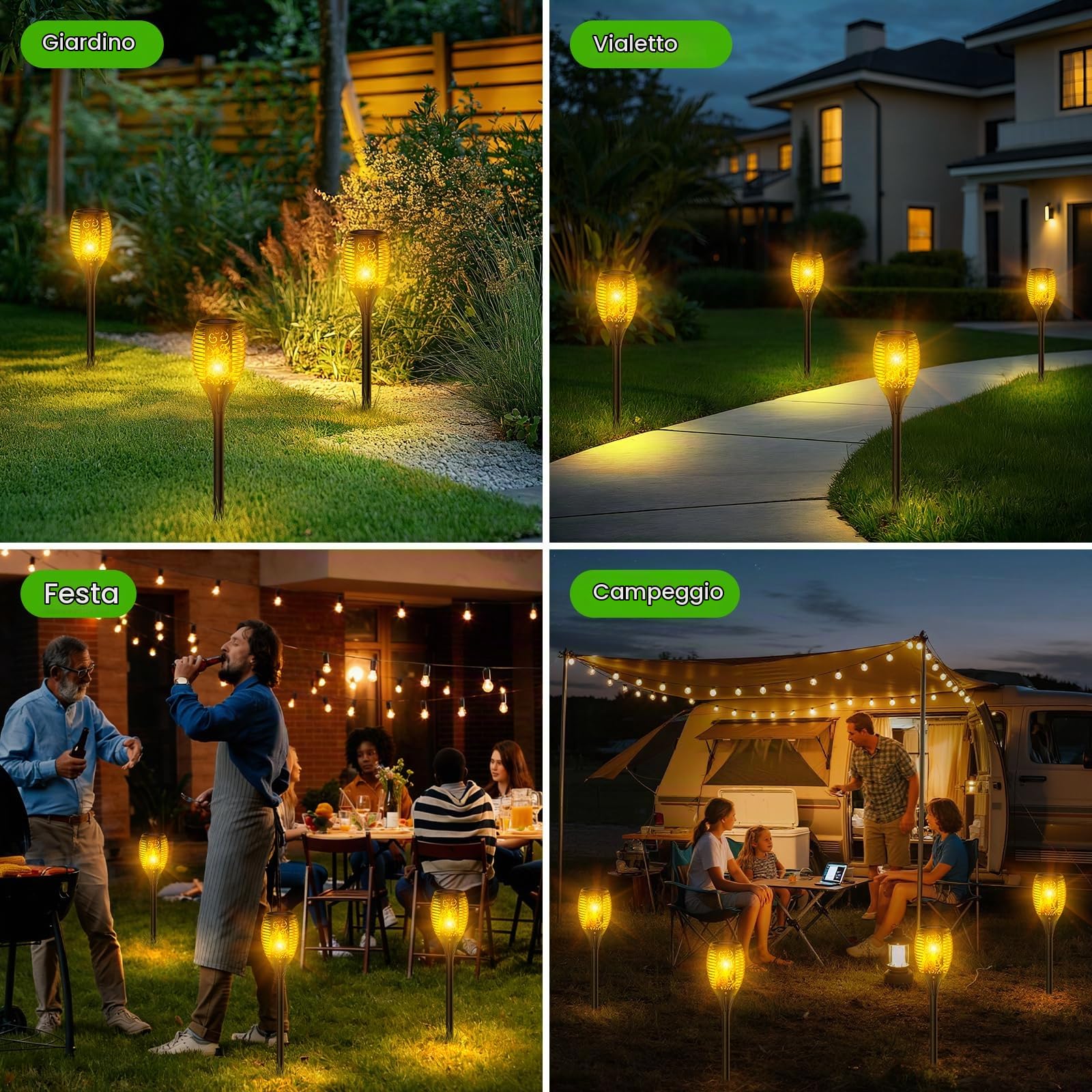 Luci Solari da Esterno 4 Pezzi, Lampade Solari da Giardino con 33 LED Torcia Solare Effetto Fiamma Tremolante Realistico, IP65 Impermeabile, Luce Solare LED da Esterno per Giardino, Vialetto