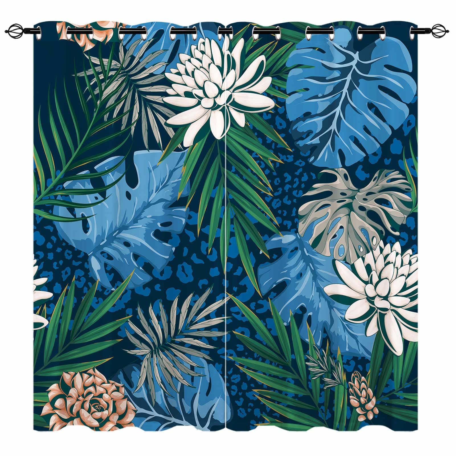 YUANZU Tropical Curtains - Jungle Tropic Leaf with Leopard Flowers Palm Leaves Print Pattern Eyelet Blackout Thermal Room Darkening Window Drapes for Bedroom Living Room 2 Panels W140cm x D245cm