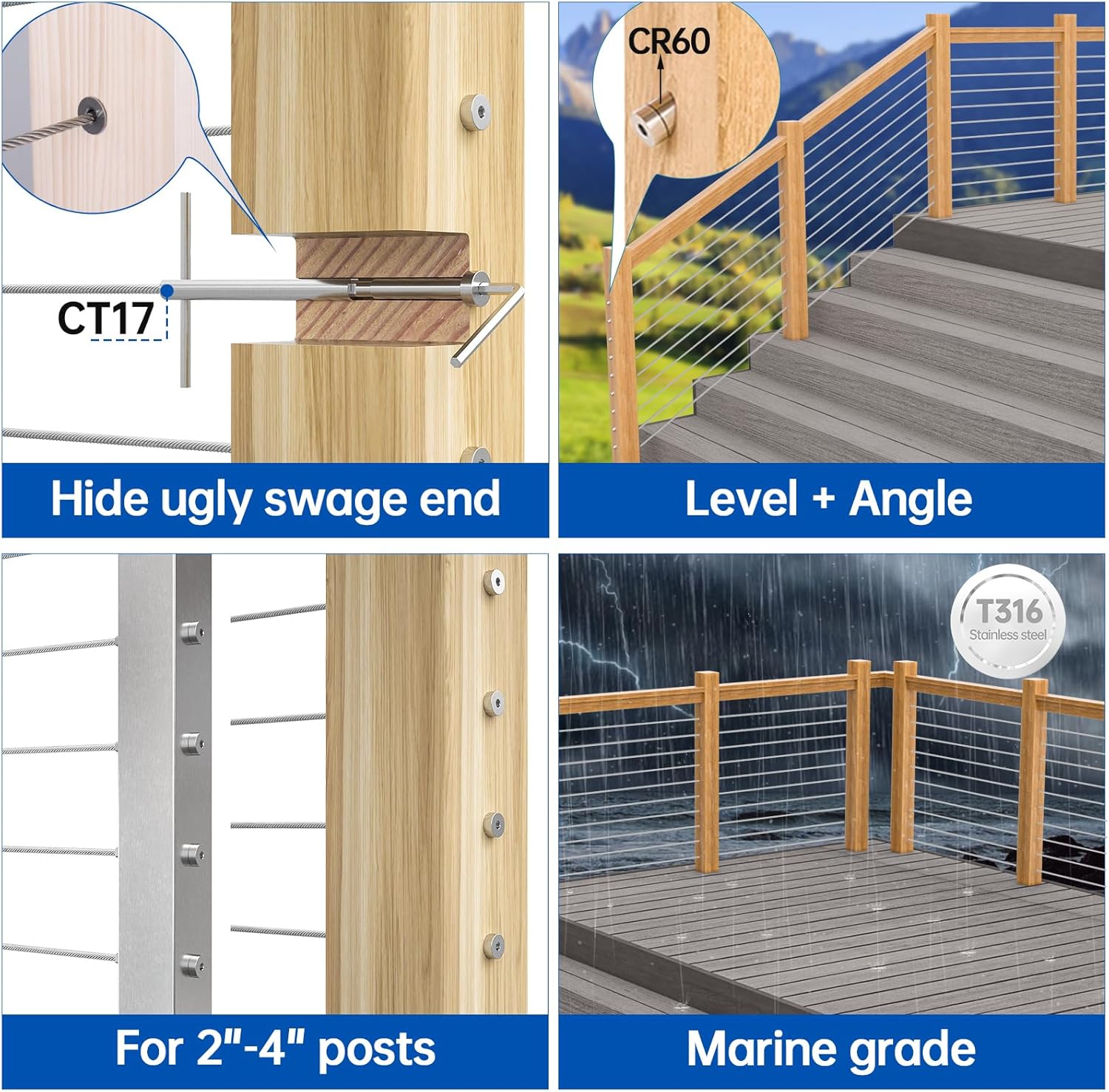 Muzata 10 Pair 3/16" Cable Railing Hardware CR27 Bundle 50 Pack Level Protector Sleeves CR88