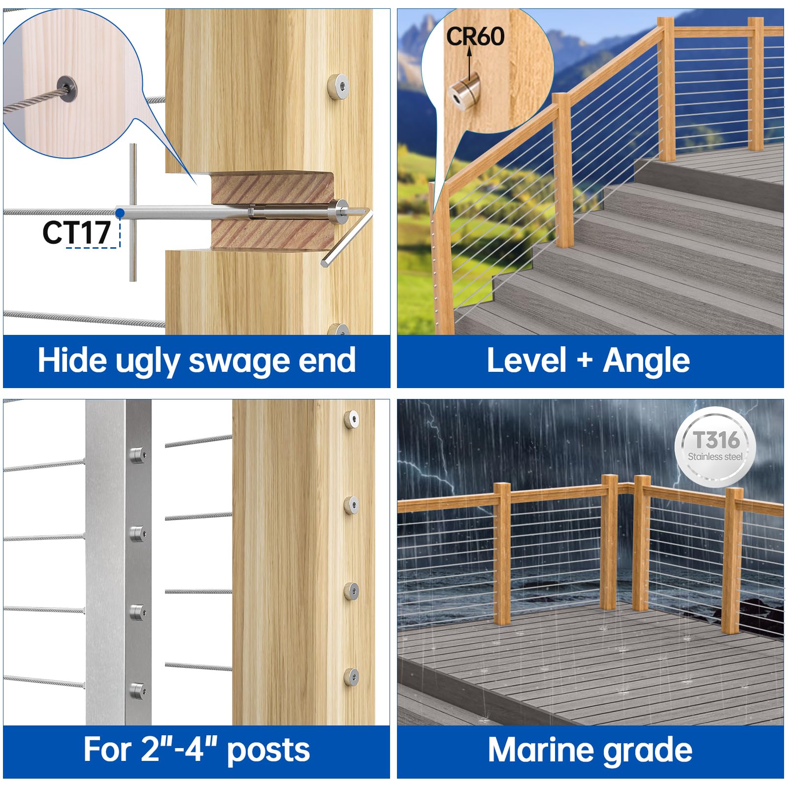 Muzata Kit per ringhiera per cavi invisibili, tenditore da 3/16", 10 paia di perni filettati con testa esagonale, terminale ricevitore per legno e metallo CR27, serie CA1, CD1, CS1, CD2, CS2, CV1