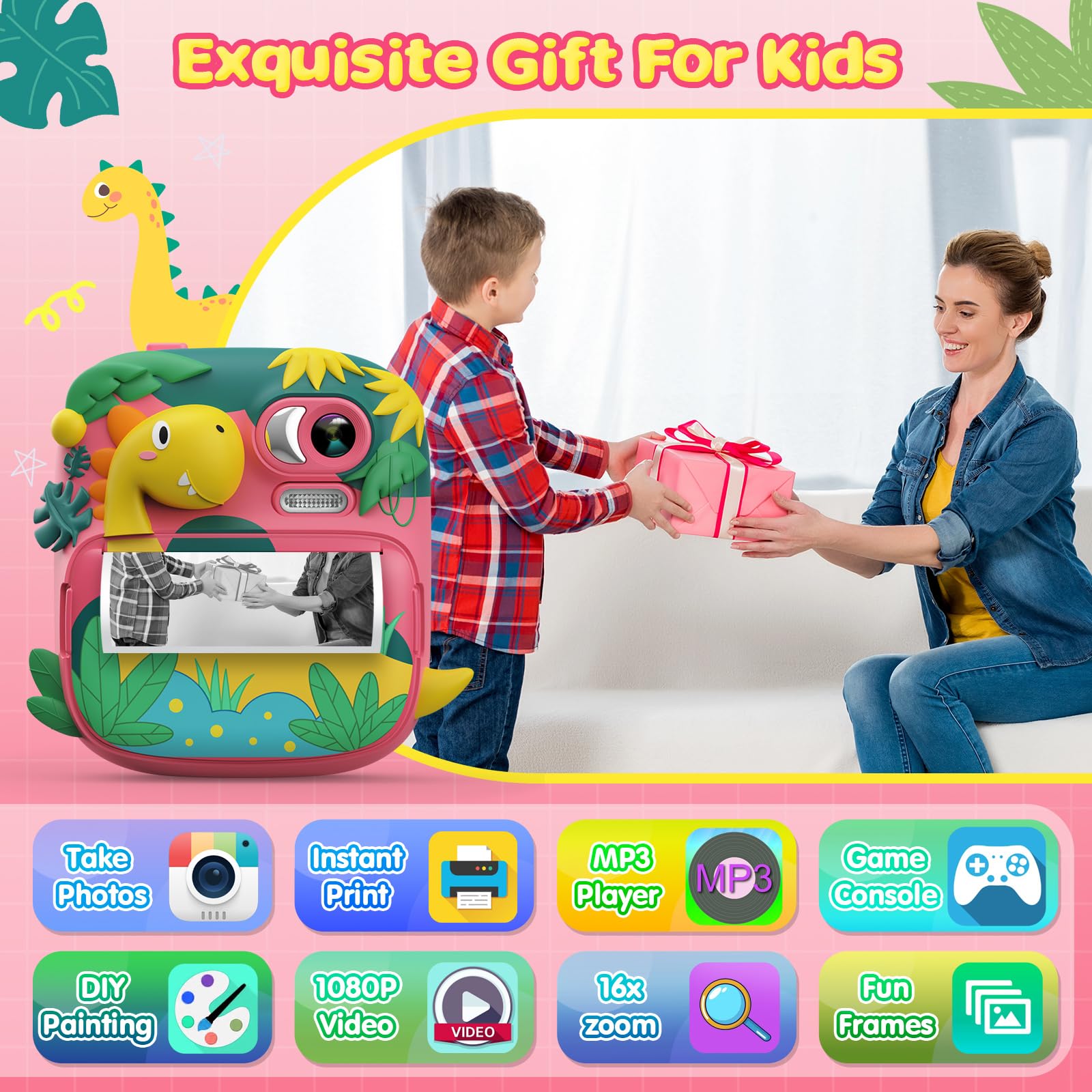 Macchina Fotografica Bambini Istantanea, CAMCLID 2,4 Pollici Fotocamera Bambini con 32GB Scheda, 12MP/1080P Fotocamera Digitale Bambini Dinosauro, Regali per Ragazzi Ragazze da 3-12 Anni (Rosa)