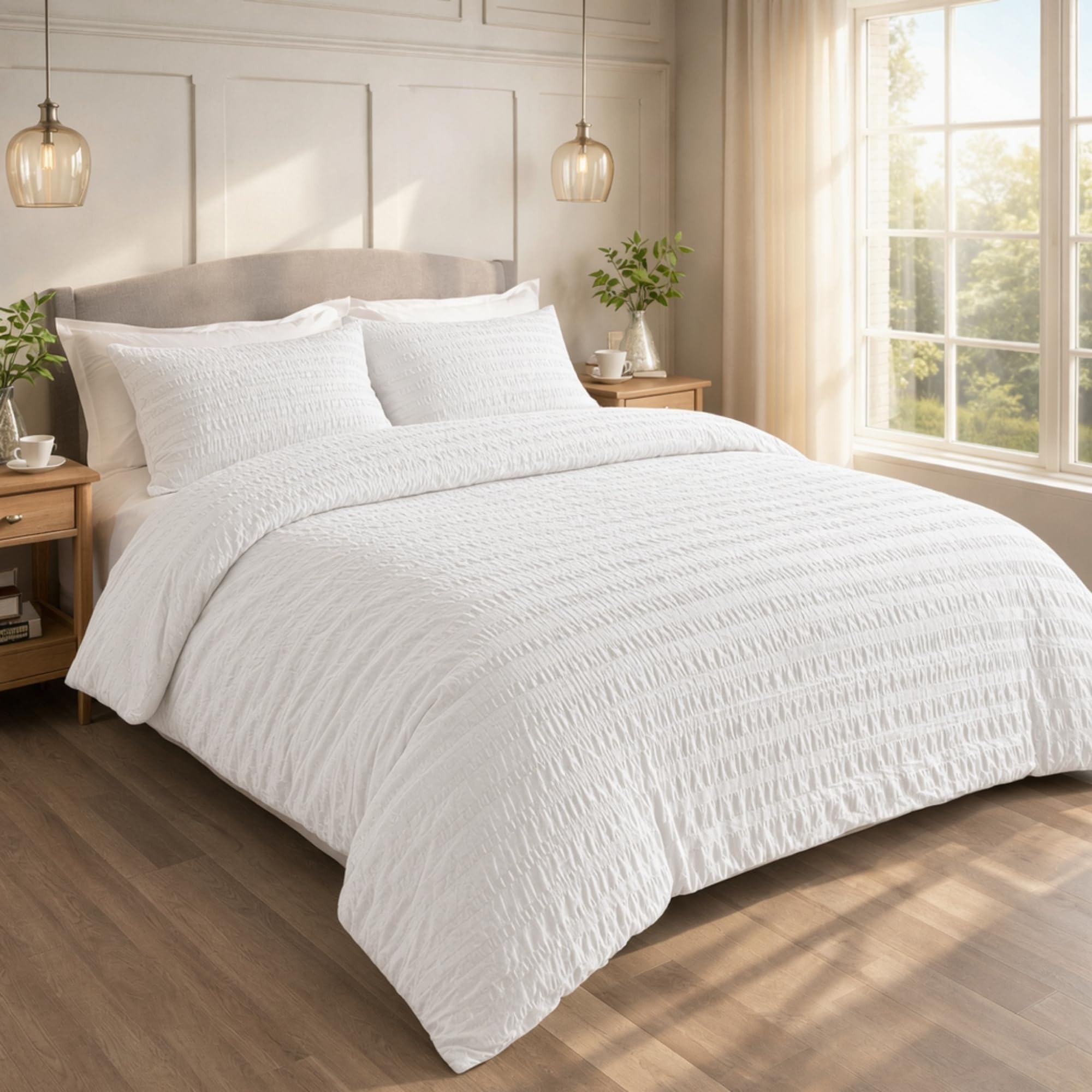 Seersucker Single Duvet Cover Set White with Pillowcase, Ultra Soft Brushed Microfiber Bedding Set, Breathable, Easy Care, Machine Washable Quilt Cover, Wrinkle Resistant, Multiple