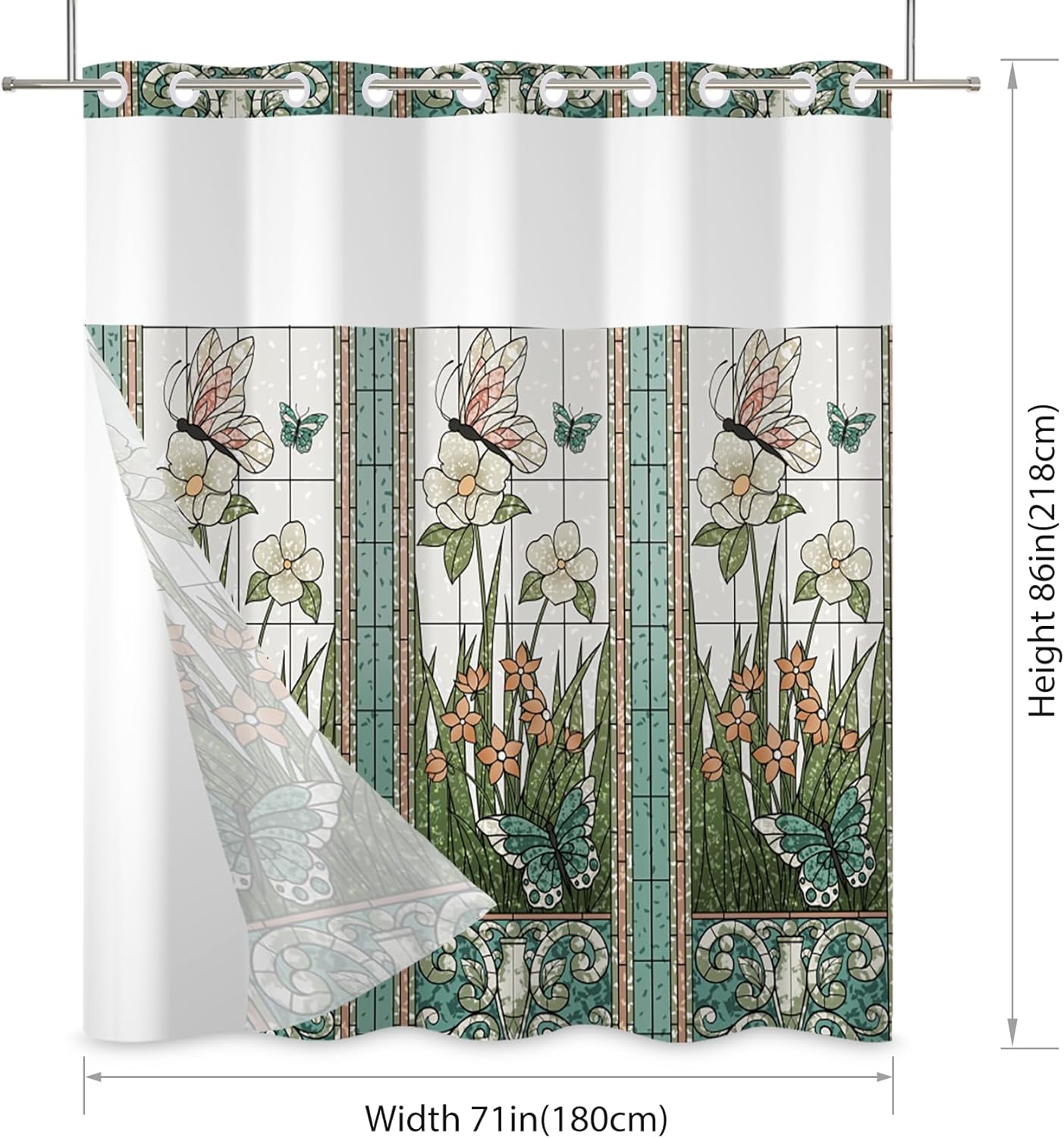 No Hook Shower Curtain,Green Butterfly Garden Double-Layered Shower Curtain with Snap-in Liner and Weights,Fabric Bath Curtain with See Through Mesh, 71x86in