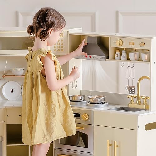 Miniatura 9 de ROBUD Juego de cocina de madera, cocina de esquina de juego de simulación, juego de cocina para niños con luces y sonidos, cocina de juguete