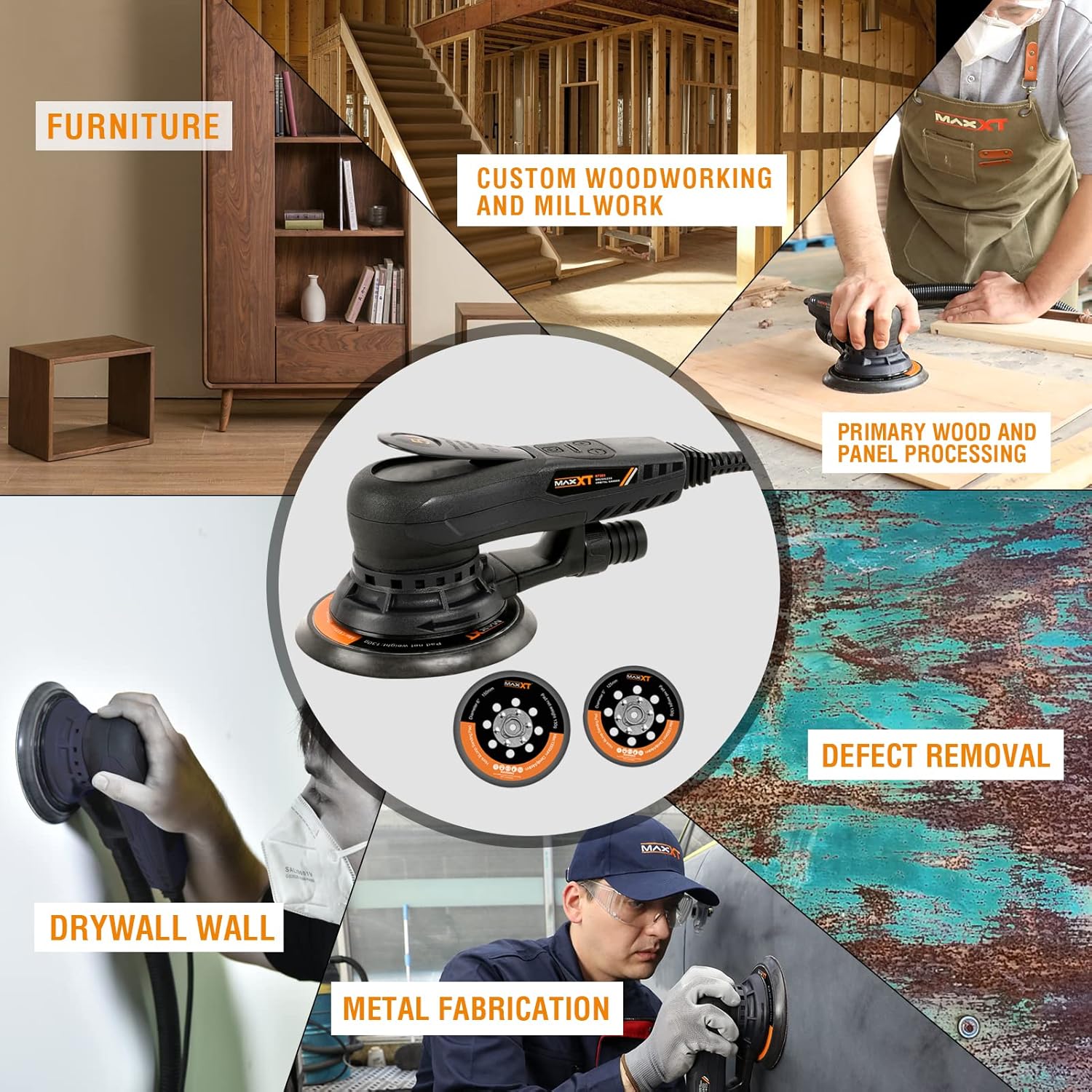 MAXXT Electric 5mm Random Orbital Sander, Palm Sander with Brushless Motor, 5&6Inch Sanding Pads, Central Vacuum, Sanders for Woodworking, Primary Wood and Panel Processing