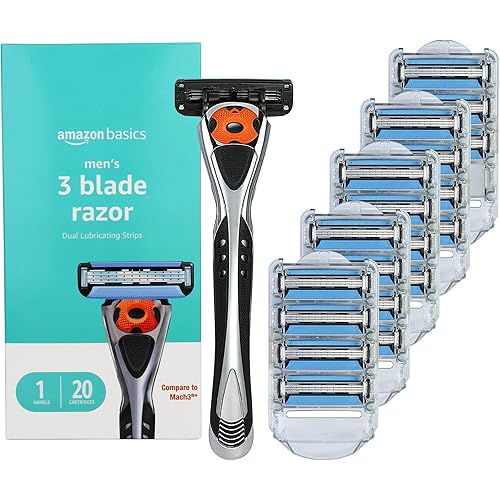 Amazon Basics 3-Blade Motion Sphere Razor for Men with Dual Lubrication, Handle & 20 Cartridges, Cartridges fit Amazon Basics Razor Handles only, 21 Piece Set, Black (Previously Solimo)
