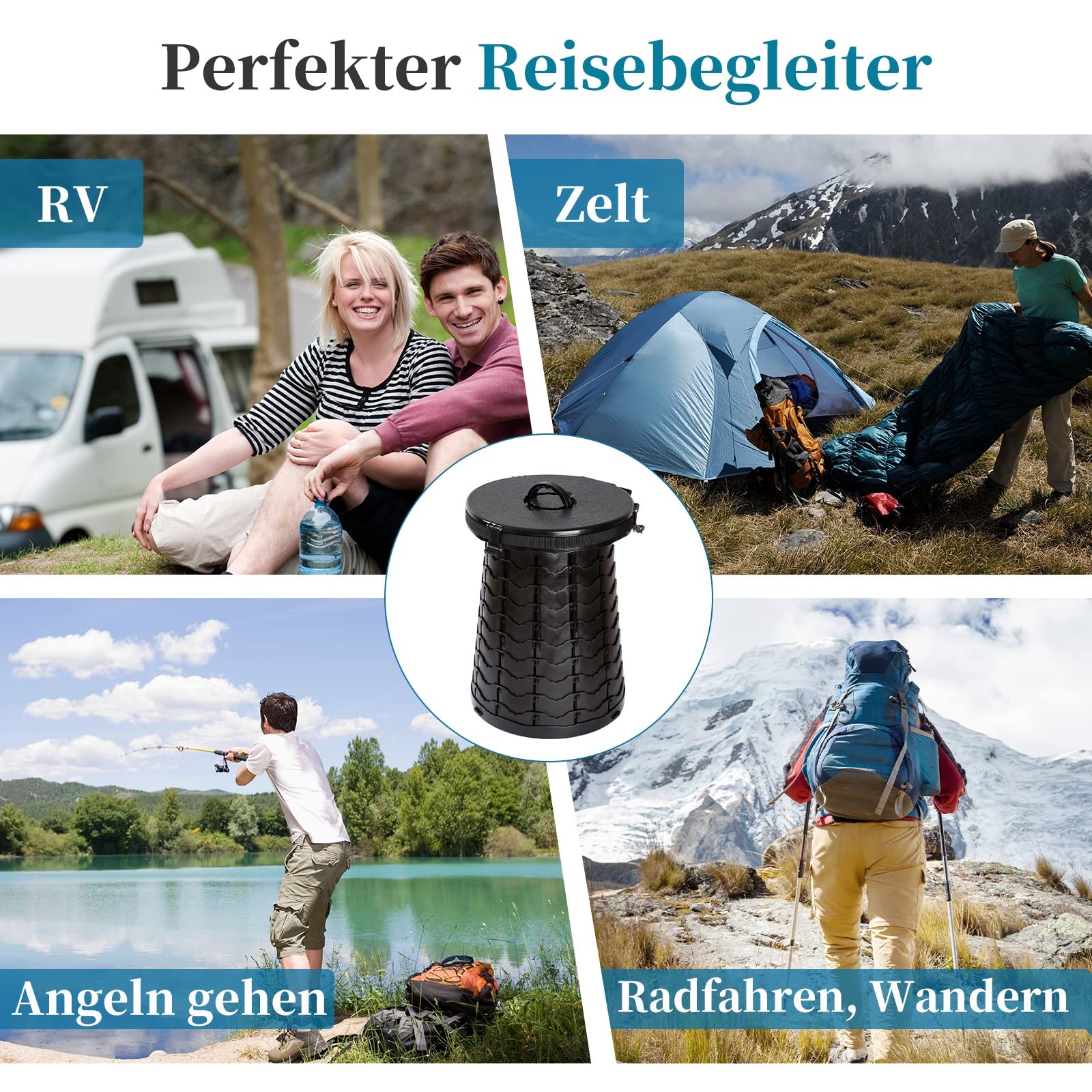 Campingtoilette Faltbar | Trockentoilette Maximalbelastung 300 Kg | Kompakt Mobile Toilet Φ 38 cm | Camping WC Höhe 8 bis 50 cm | Campingklo Blackout Festivals Garten Reisetoilette