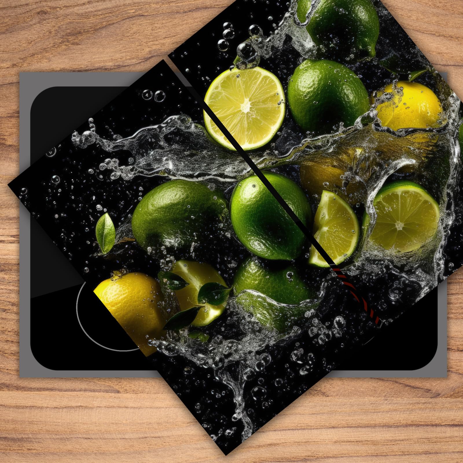 Herdabdeckplatte 2×30×52 cm – Mehr Arbeitsfläche, Spritzschutz & Schneidebrett – ESG Glas, kratzfest – für Induktion/Ceranfeld – 2-teilig, Motiv Frucht Wasser Grün