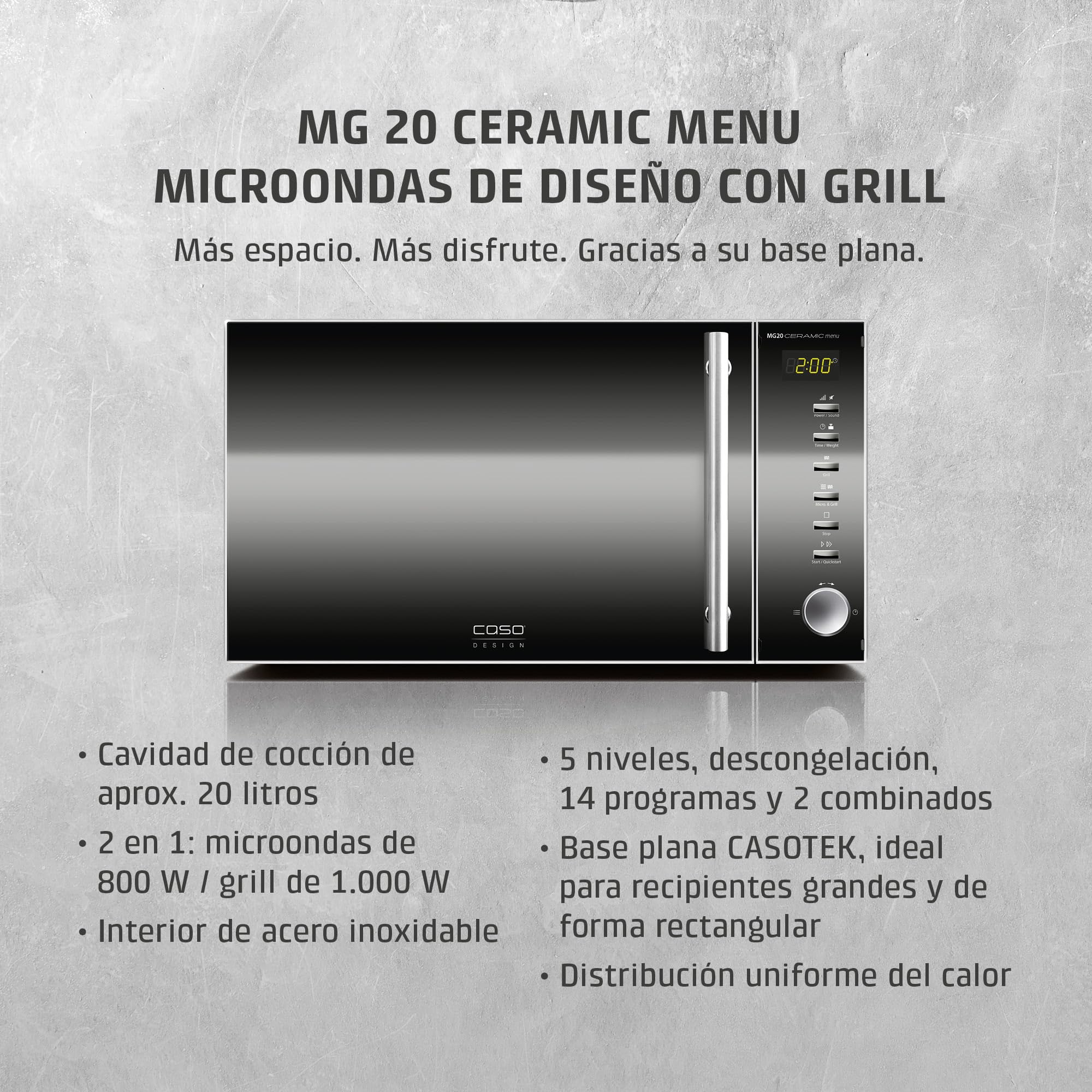 CASO MG 20 Ceramic Menu - Microondas 2 en 1 con grill | sin plato giratorio y rejilla para 2 niveles, 800 W, grill de 1000 W, 20 l, acero inoxidable, acabado espejo