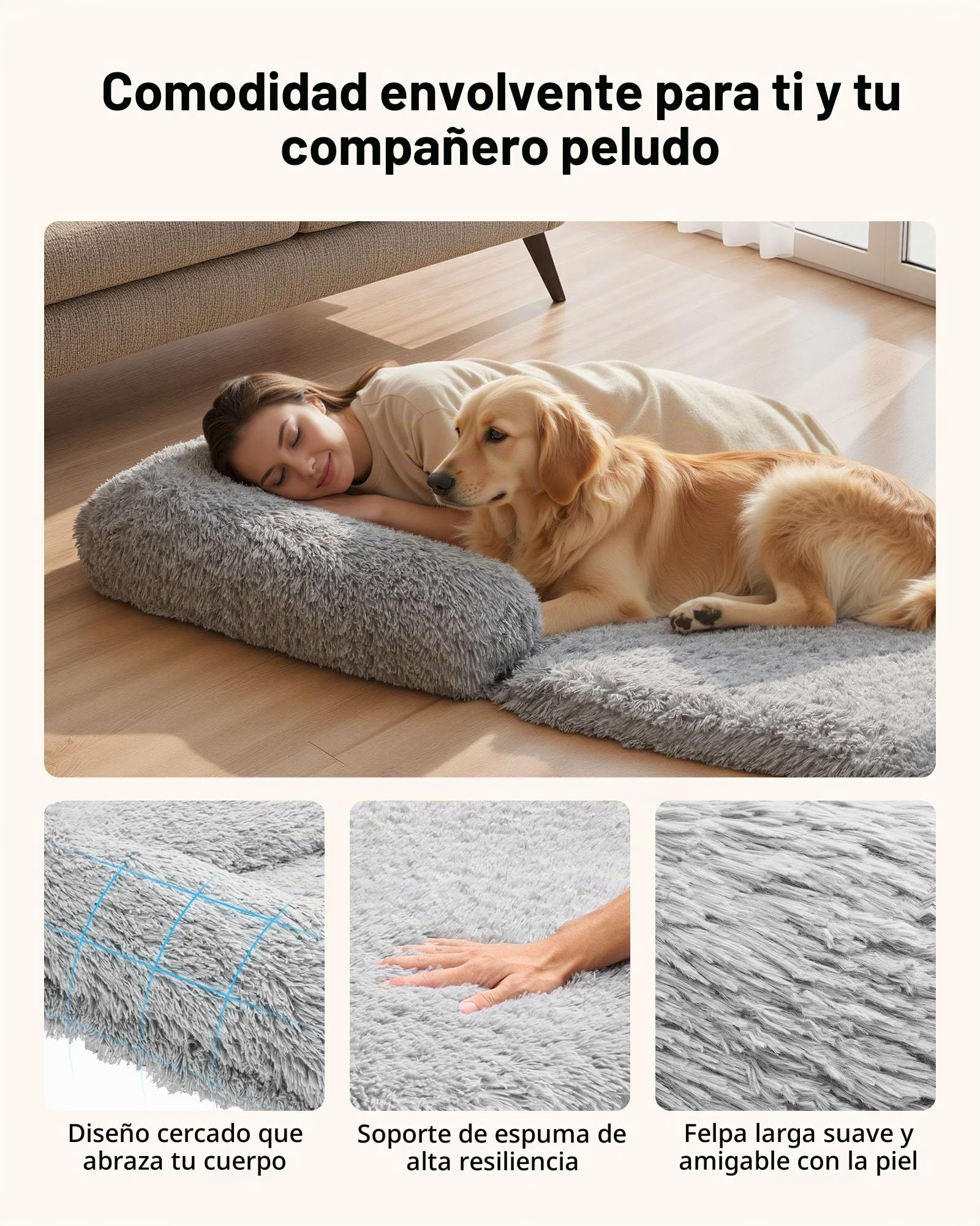 VEVOR Cama Rectangular para Perros, 181 x 111 x 22 cm, Ortopédica, de Espuma Viscoelástica, Tamaño Humano, con Bolsillo Lateral, Asa y Cremallera, Funda Extraíble y Lavable a Máquina, Gris Oscuro
