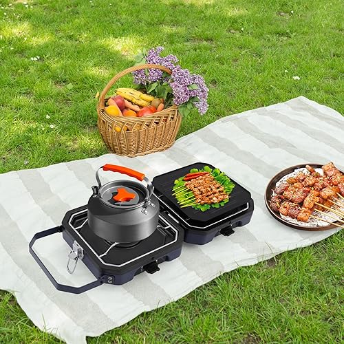 Miniatura 3 de Estufa de camping plegable de 2 quemadores, estufa de propano portátil con sartén antiadherente, estufa de campamento de doble cabezal para camping,