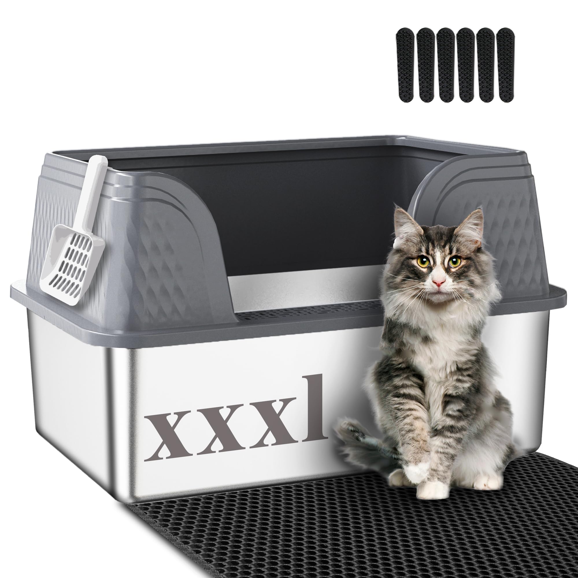 Suhaco XXXL Stainless Steel Litter Box with High Sided Deep Side Entry Deep Extra Large Metal Litter Box Included Mat & Scoop Anti-Urine Leakage Cat Litter Boxes for Big Cats (Grey XXXL)
