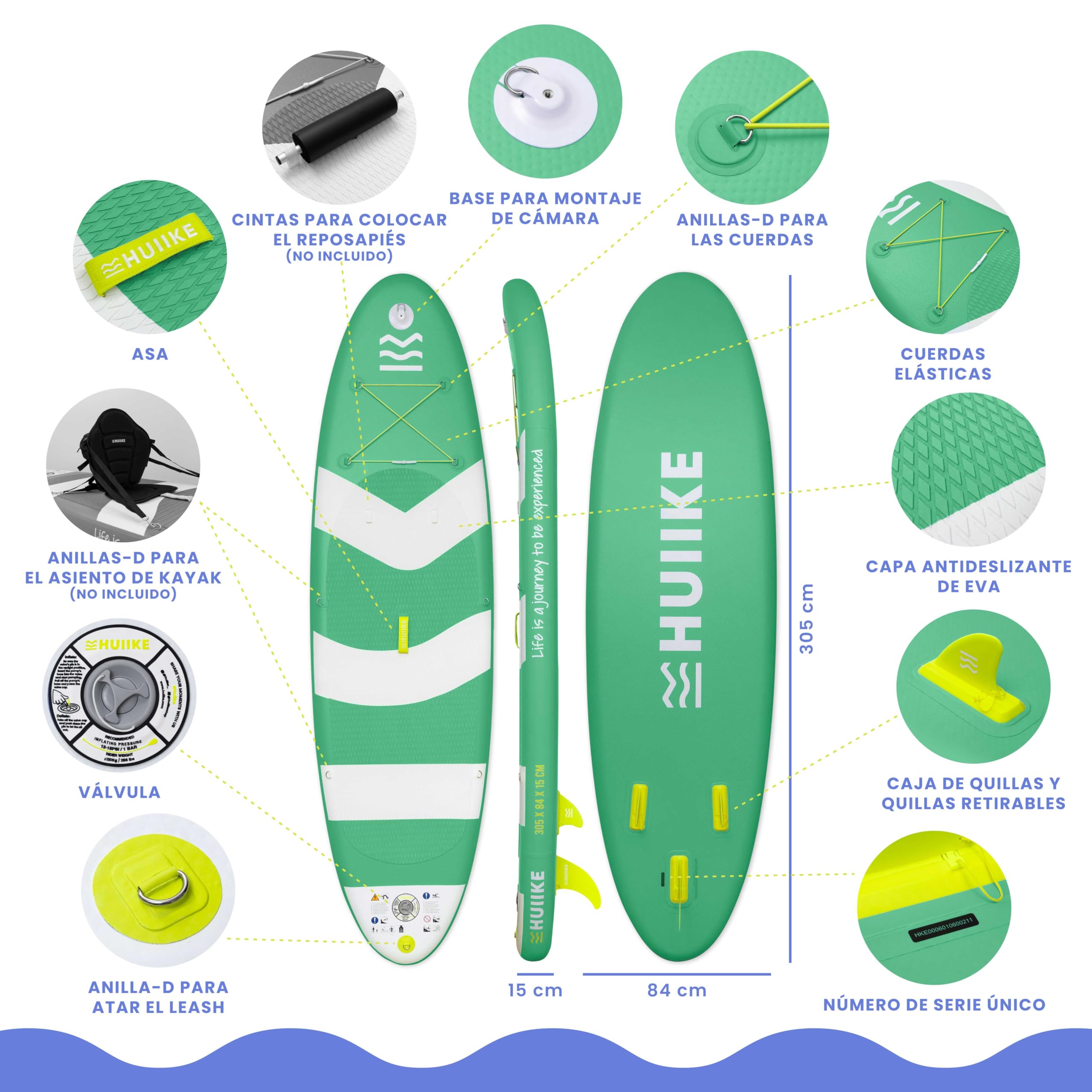 HUIIKE Tabla Paddle Surf Hinchable con Accesorios Incluidos, Remo, Quillas, Inflador. Stand Up Paddle Board Gran Estabilidad y Resistencia. 305 x 84 x 15 cm, Soporta hasta 130 kg — view 2
