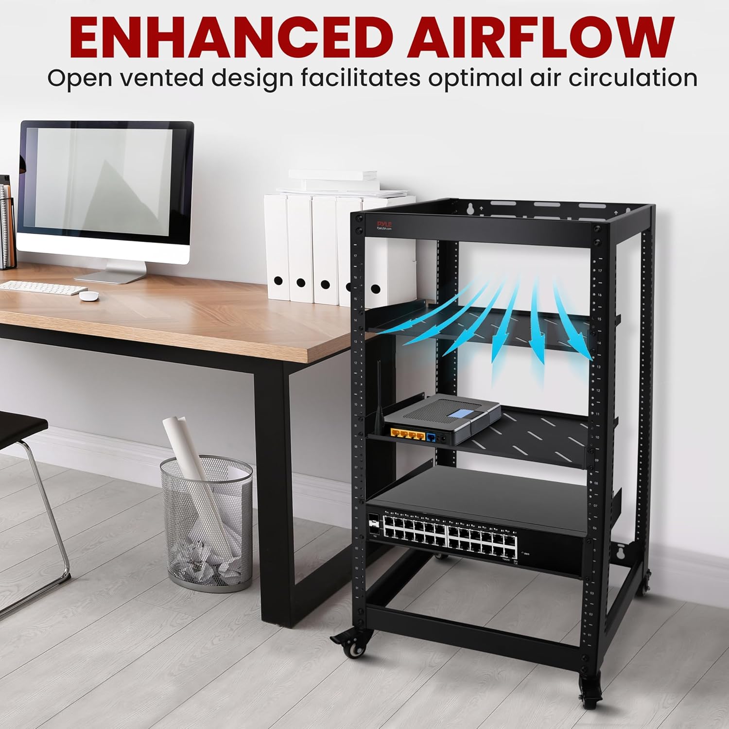 Pyle 20U Open Frame Server Rack - Wall Mount Network Rack for Servers, Networking & AV Gear - Heavy-Duty 19" Equipment, Includes 1U & 2U Vented Shelves for Airflow, Lockable Wheels - 440 lbs Capacity