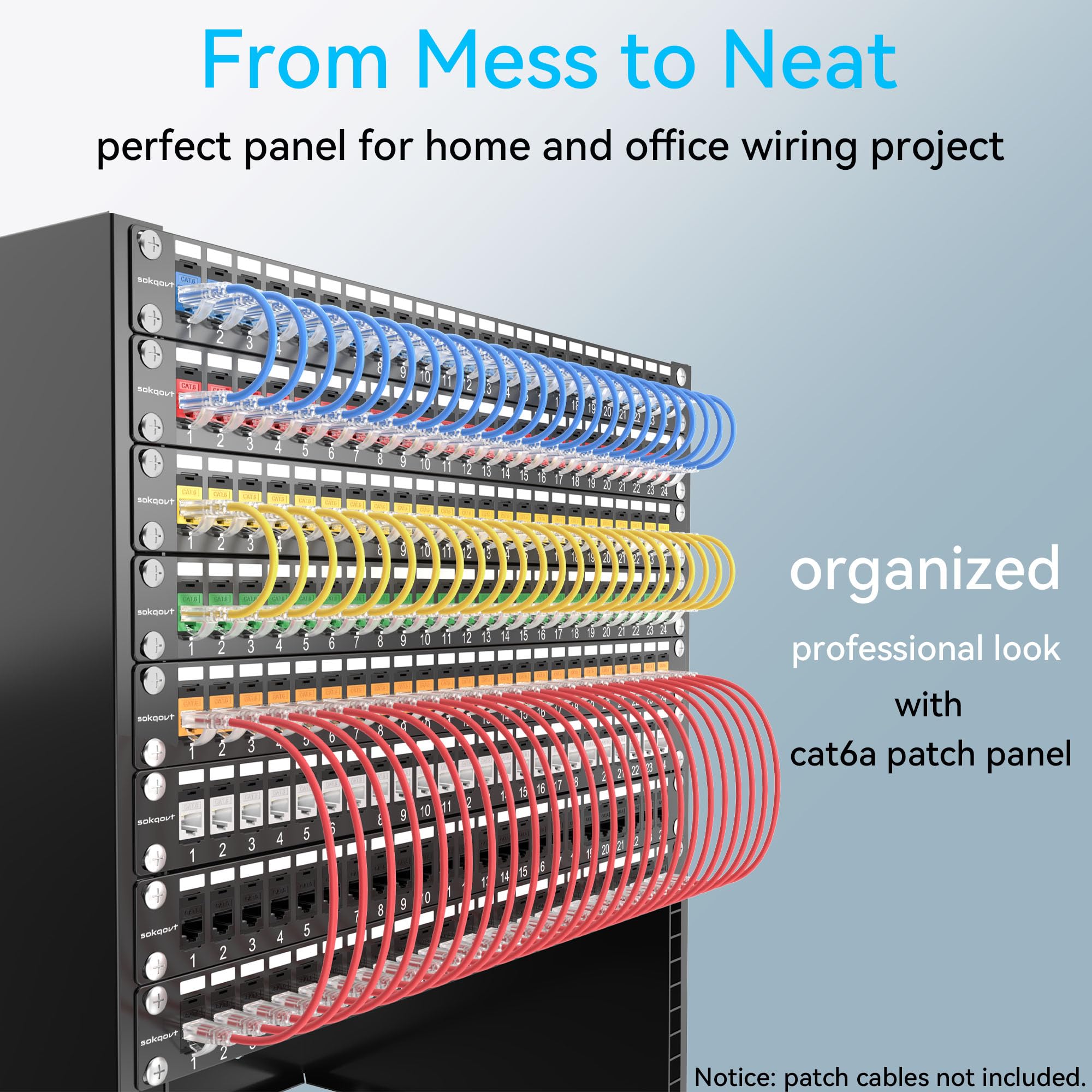 Sokqovt Panel de conexión de 24 puertos Cat6a con acoplador Keystone, panel de conexión de red Cat6 10G sin perforación, panel de conexión Ethernet 1U Rj45 de ahorro de tiempo con barra trasera