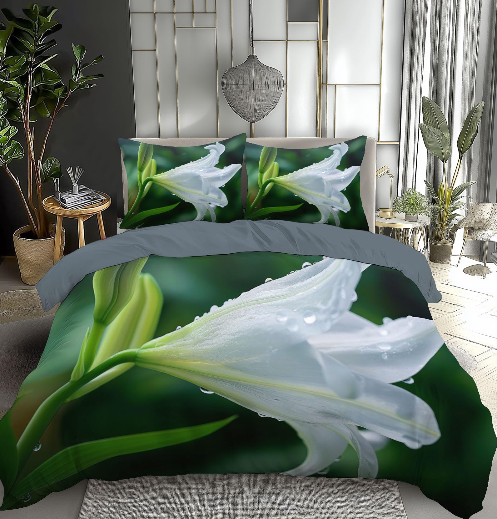 Parure de lit nénuphar vert avec housse de couette 220x240cm et taies