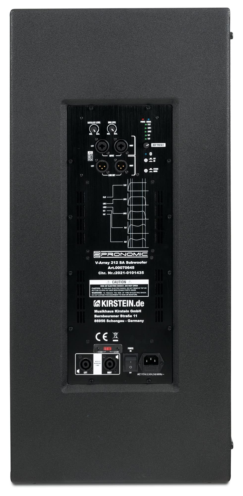 Pronomic V-Array Concert Set, 212 Subwoofer, Équipement: 2X woofer 12" | DSP: processeur DSP 96 kHz, 48 bits, Récepteur Bluetooth® 4.2, Presets DSP: FLAT, LIVE1, LIVE2, 2x sortie ligne XLR, 0 kg