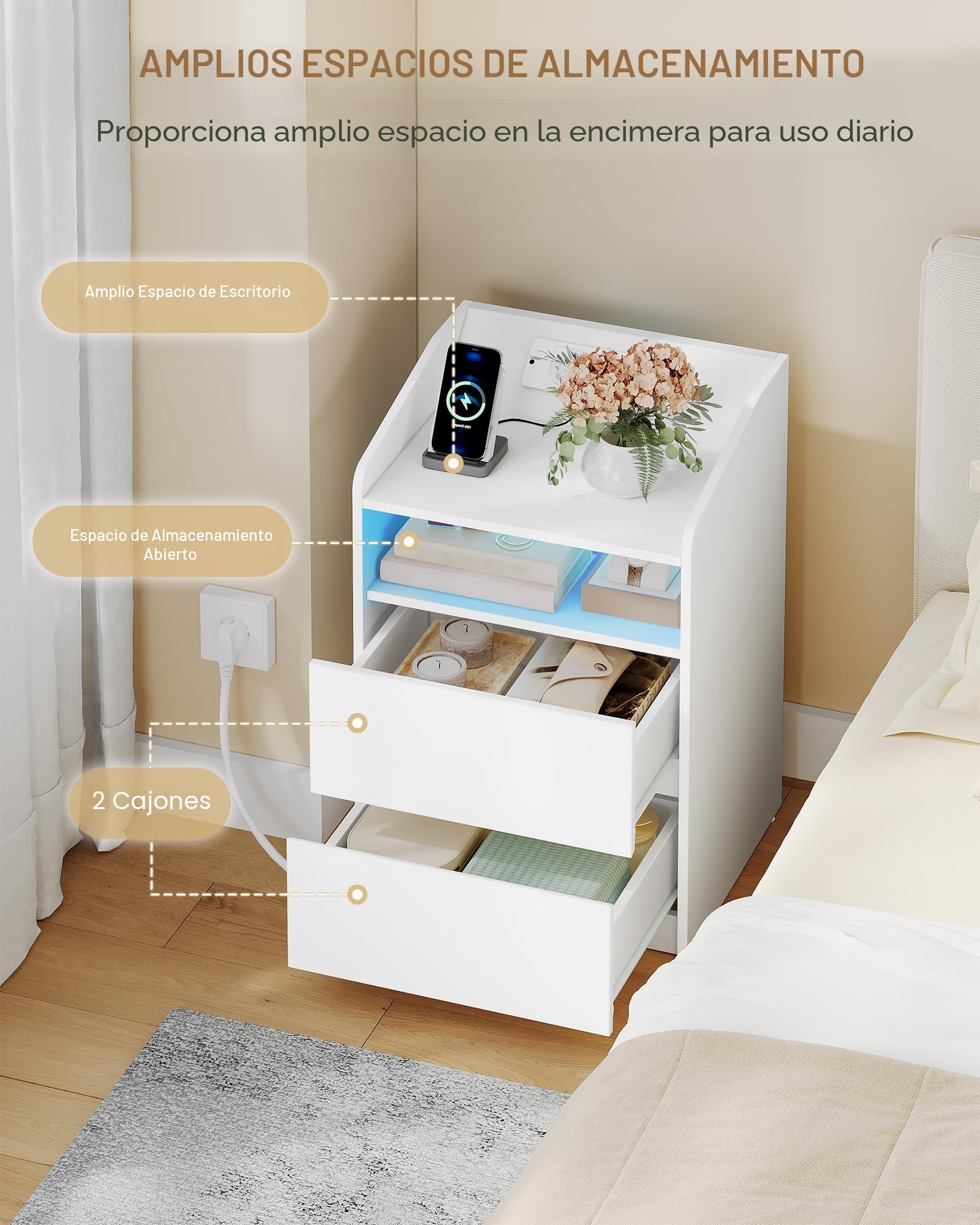 Hzuaneri Mesita de Noche Juego de 2, con Luces LED y Estación de Carga (2 Tomas AC, 2 Puertos USB), 1 Compartimento Abierto y 2 Cajones, para Dormitorio, Salón, 35 x 40 x 58 cm, Blanco NS60103XEU