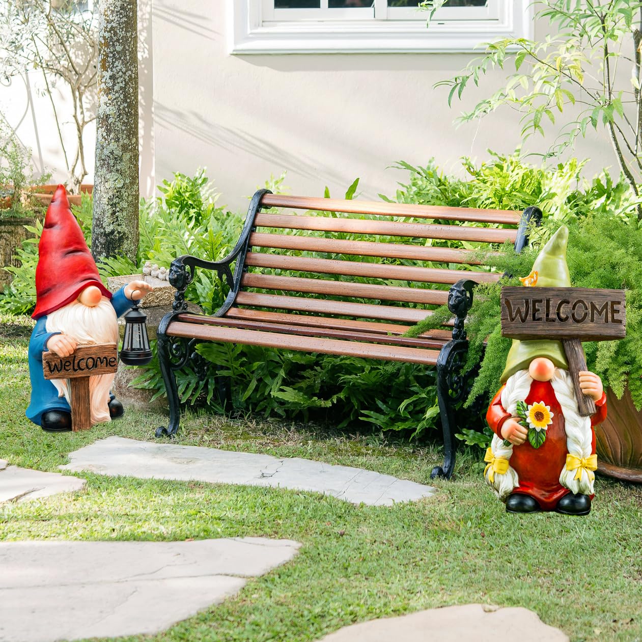Statua da giardino a energia solare, grande gnomo da 56 cm, con cartello di benvenuto, decorazione per esterni con lanterna a LED, per casa, portico, cortile, patio, prato, ornamento