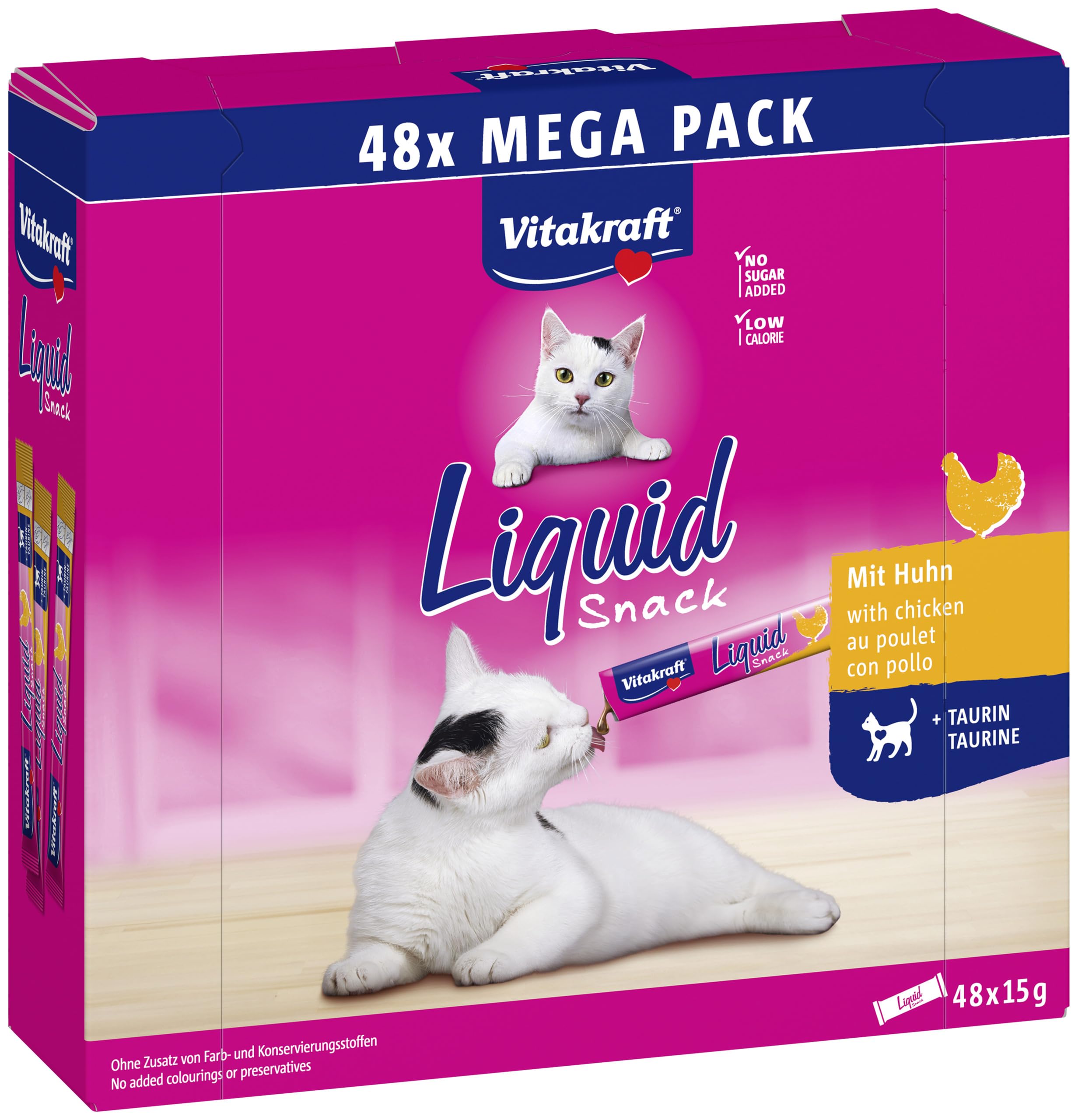 Vitakraft Liquid Snack para Gatos, golosinas para Gatos en Paquete Mega (48 x 15 g), Textura cremosa, con Pollo, 1 Paquete de Reserva