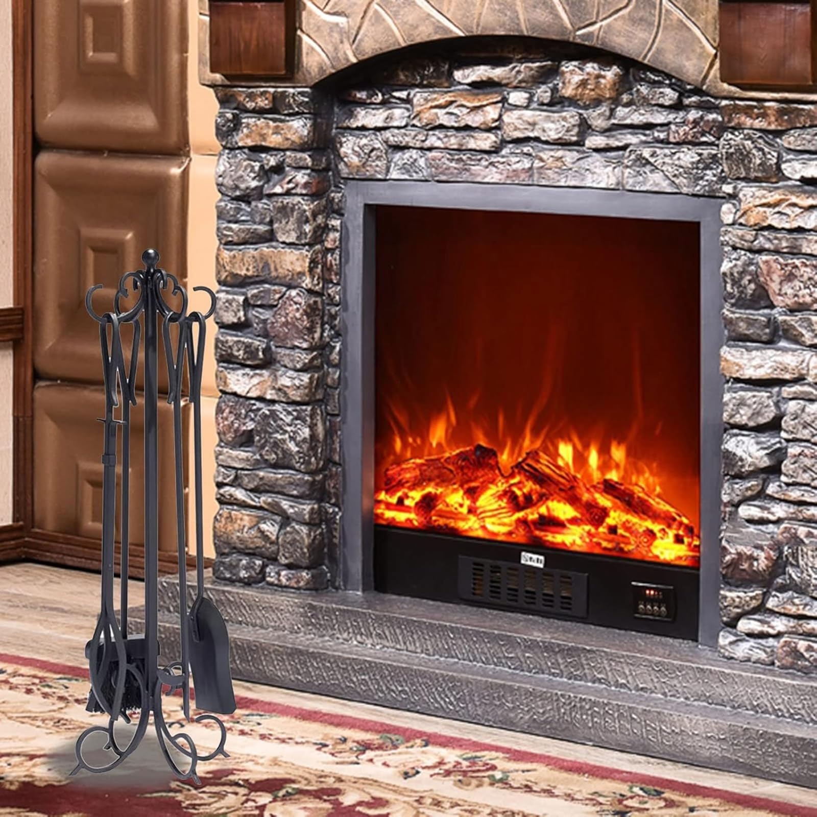 Set di attrezzi per camino, in ferro battuto resistente, set di 5 attrezzi per braciere con pinza, pala, attizzatoio e spazzola, per interni ed esterni, kit di accessori invernali