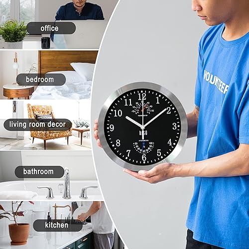 Miniatura 5 de HITO Reloj de pared silencioso. Reloj de pared silencioso con marco de metal y tapa de cristal de 10 pulgadas