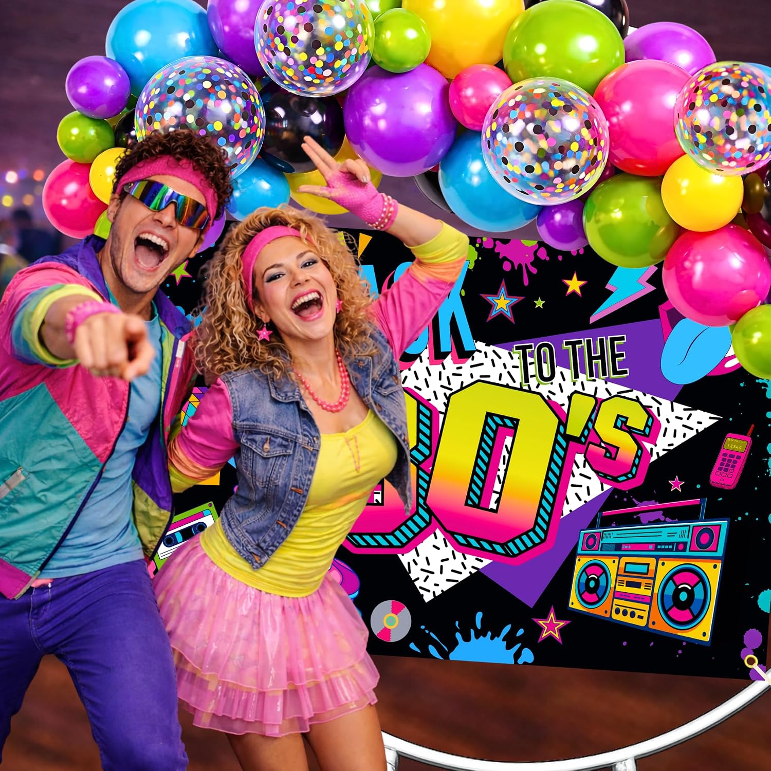 Premium 80s Party Decorations, Back to the 80s Birthday Party Decorations with Fabric Backdrop, Tattoos, Balloon Garland, Banner, Table Decor, Photo Props, Cake Toppers for Birthday Party, and More