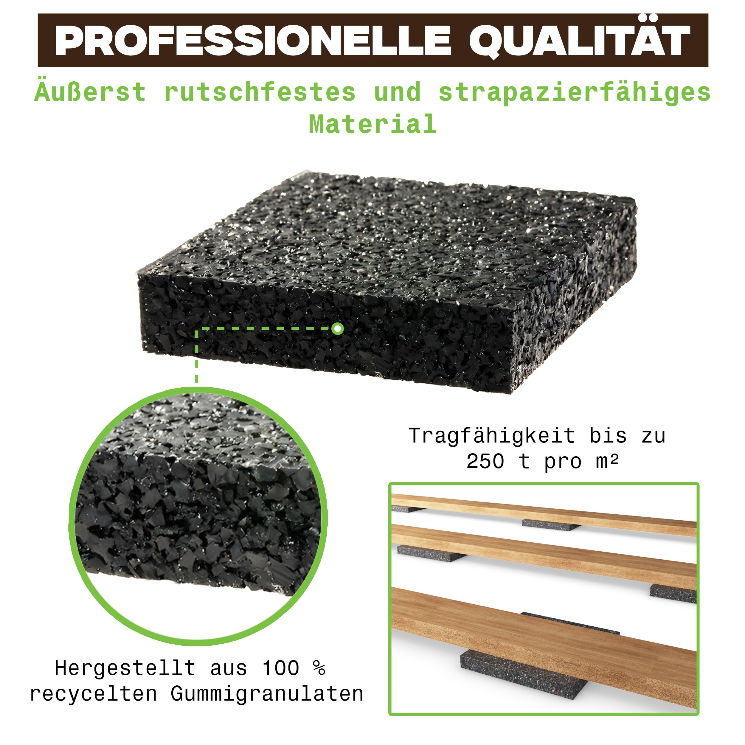 200 cuscinetti per terrazze, 90 mm x 90 mm x 10 mm, in granulato di gomma per terrazze in legno e terrazze – 3/6/8/10/20 mm di spessore, made in Germany, protezione per costruzioni per